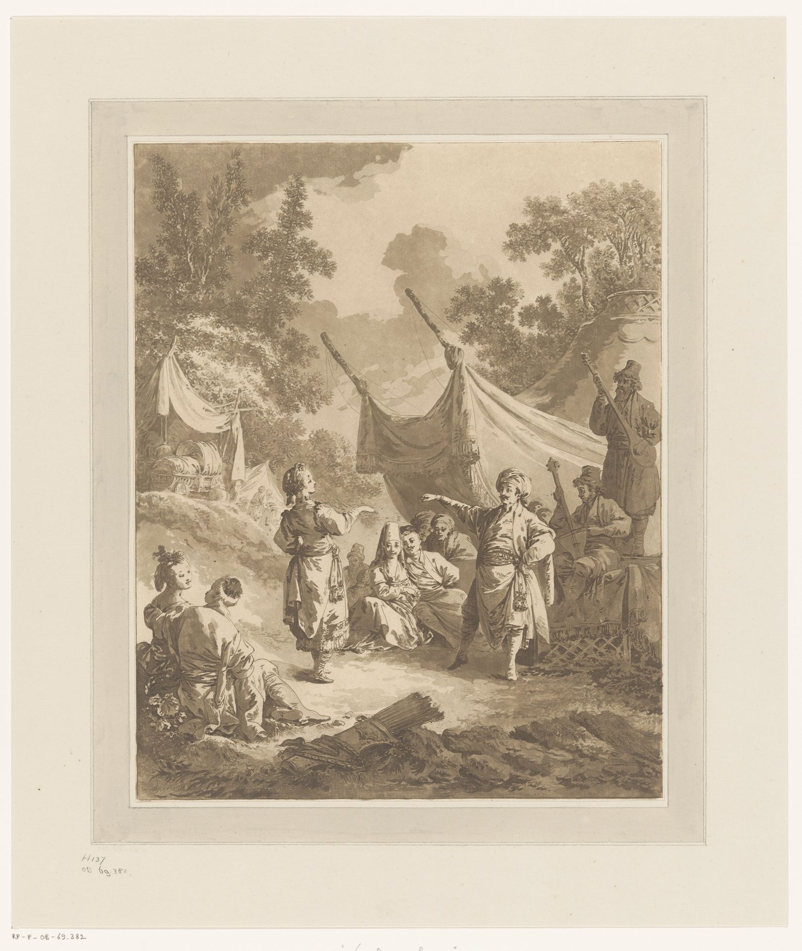 Rustende en dansende reizigers voor een tent by Jean Baptist Leprince