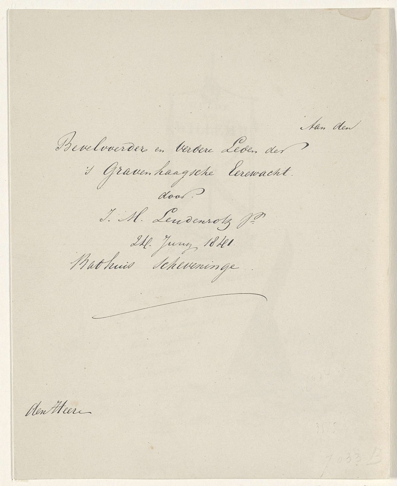 Hulde aan Willem II 's Gravenhage 5 December 1840 / Ter herinnering der 's Gravenhaagsche Eerewacht welke Z.M. den Koning, Willem den 2e op den 5e December 1840 hebben ingehaald Aangevoerd door D.L. Welsink by Johan Martin Leydenroth