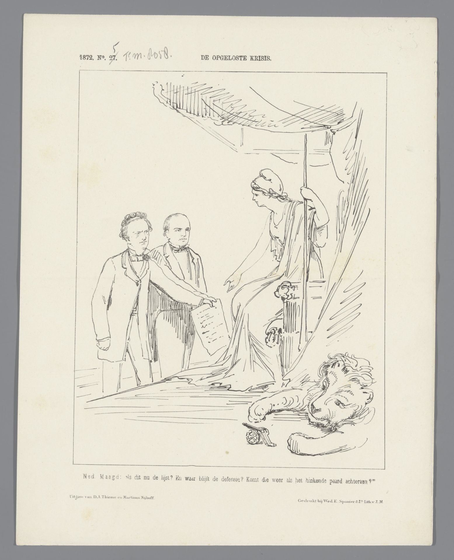 Spotprent met de minsters Fransen van de Putte en De Vries Azn., 1872 by Johan Michaël Schmidt Crans