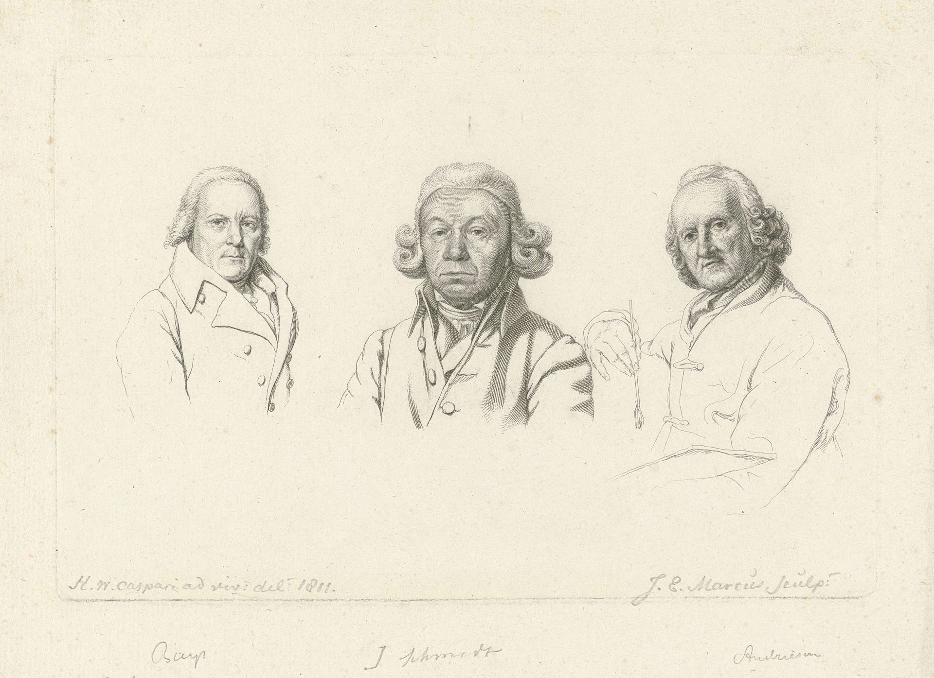 Portretten van Jacobus Buys, Izaak Schmidt en Jurriaan Andriessen by Jacob Ernst Marcus