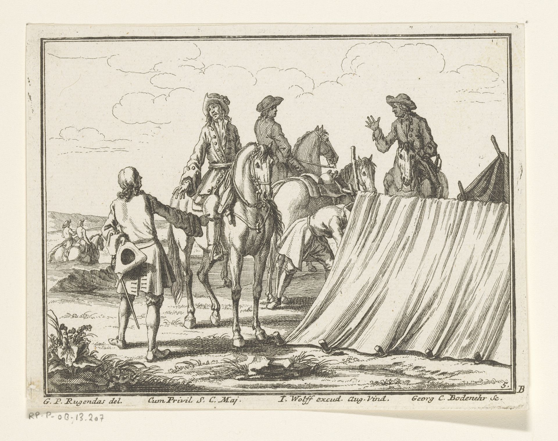 Ruiters in een tentenkamp by Georg Conrad Bodenehr