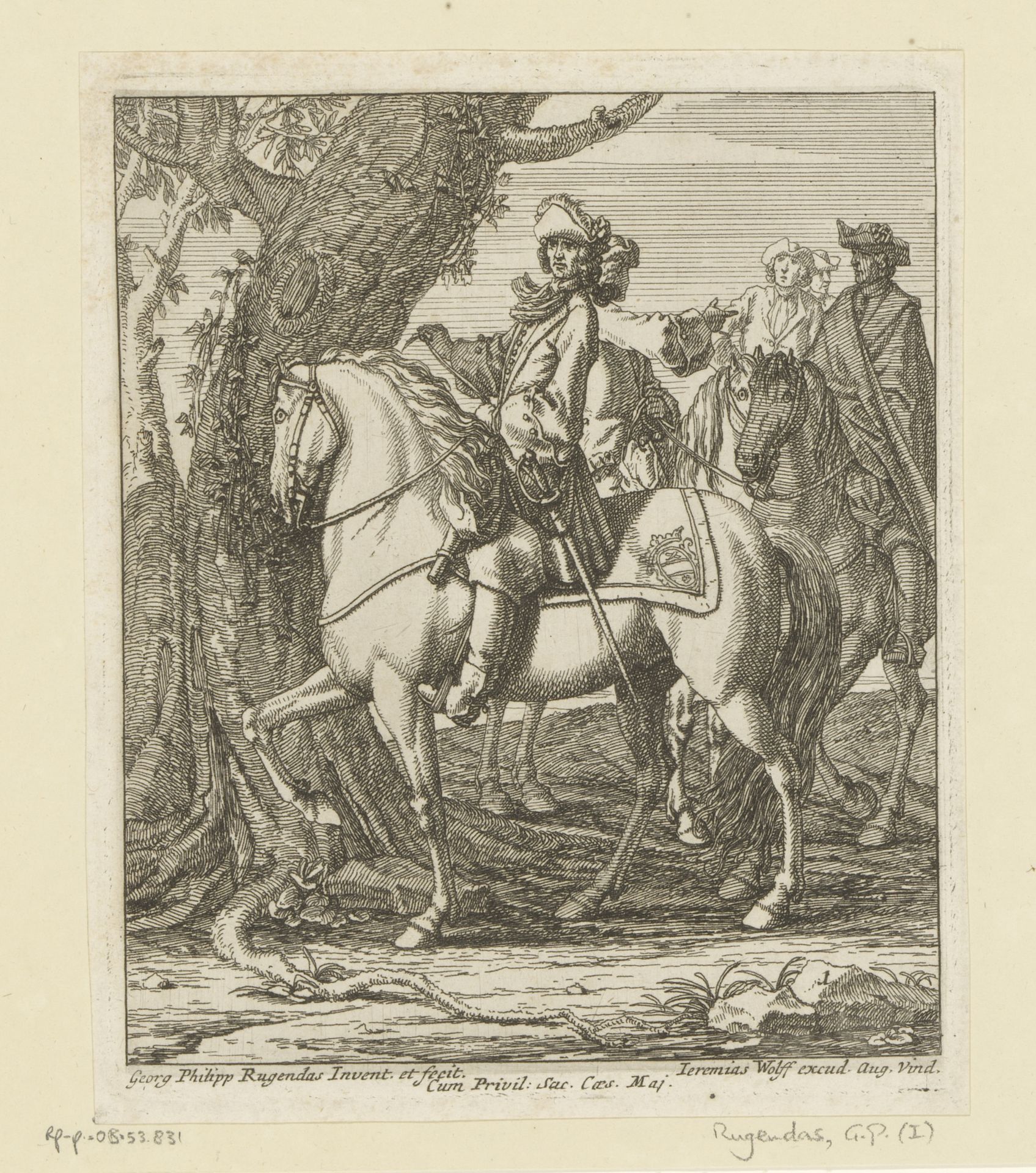Groep ruiters bij een boom by Georg Philipp Rugendas