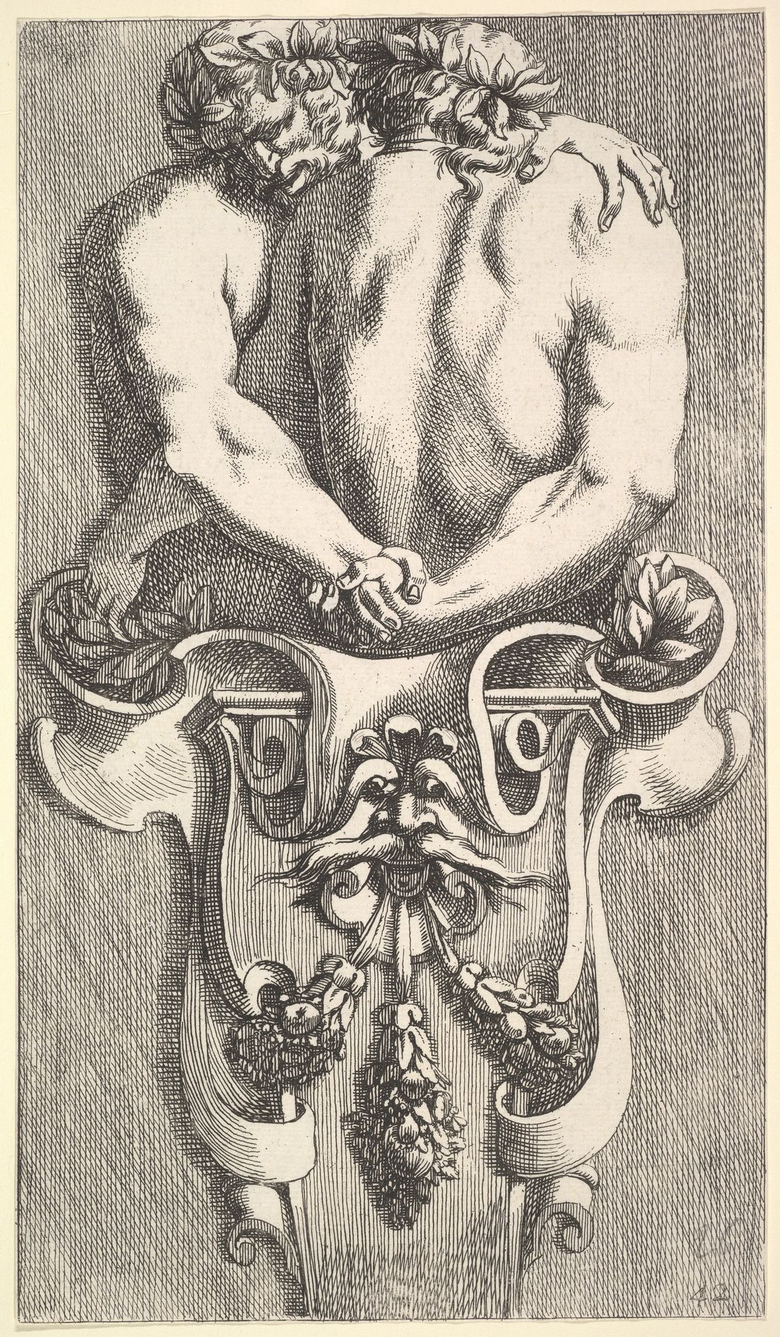 Design for a Term with Two Embracing Satyrs, from: Curieuses recherches de plusieurs beaus morceaus d'ornemens antiques et modernes (...) by Jean Le Pautre
