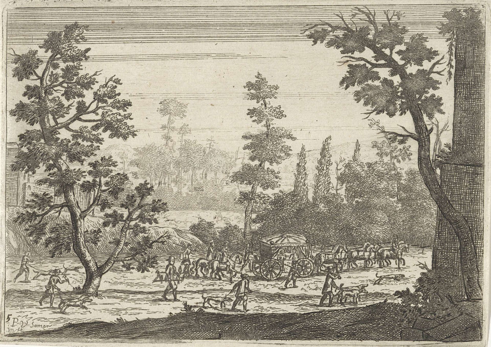 Landschap met koets en jachtgezelschap by Paul van (II) Somer