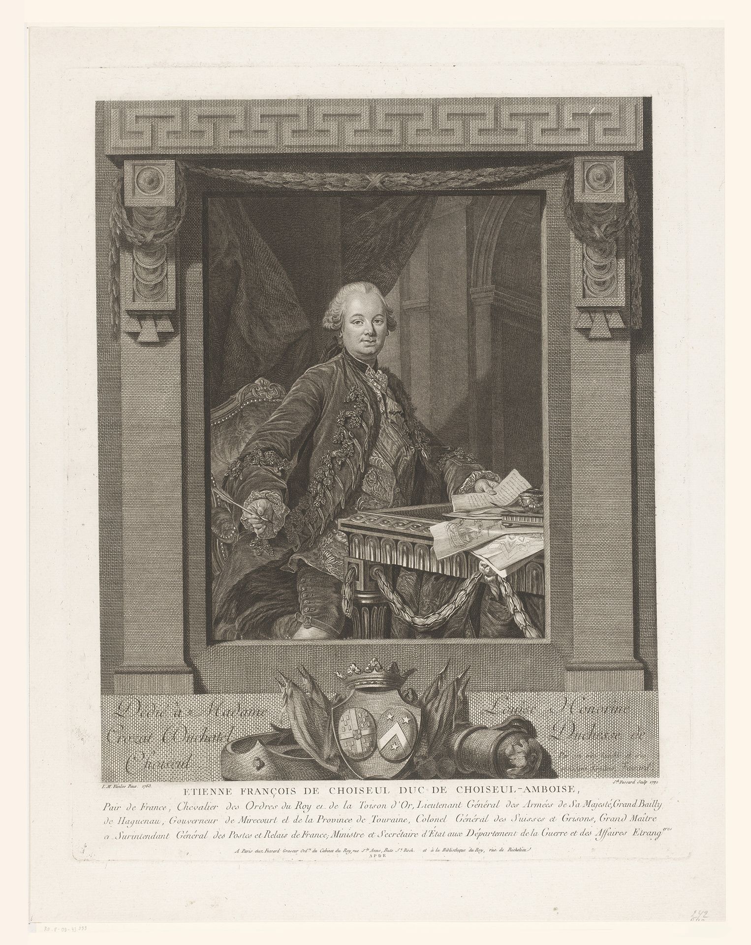 Portret van Etienne François de Choiseul in architecturale lijst by Etienne Fessard
