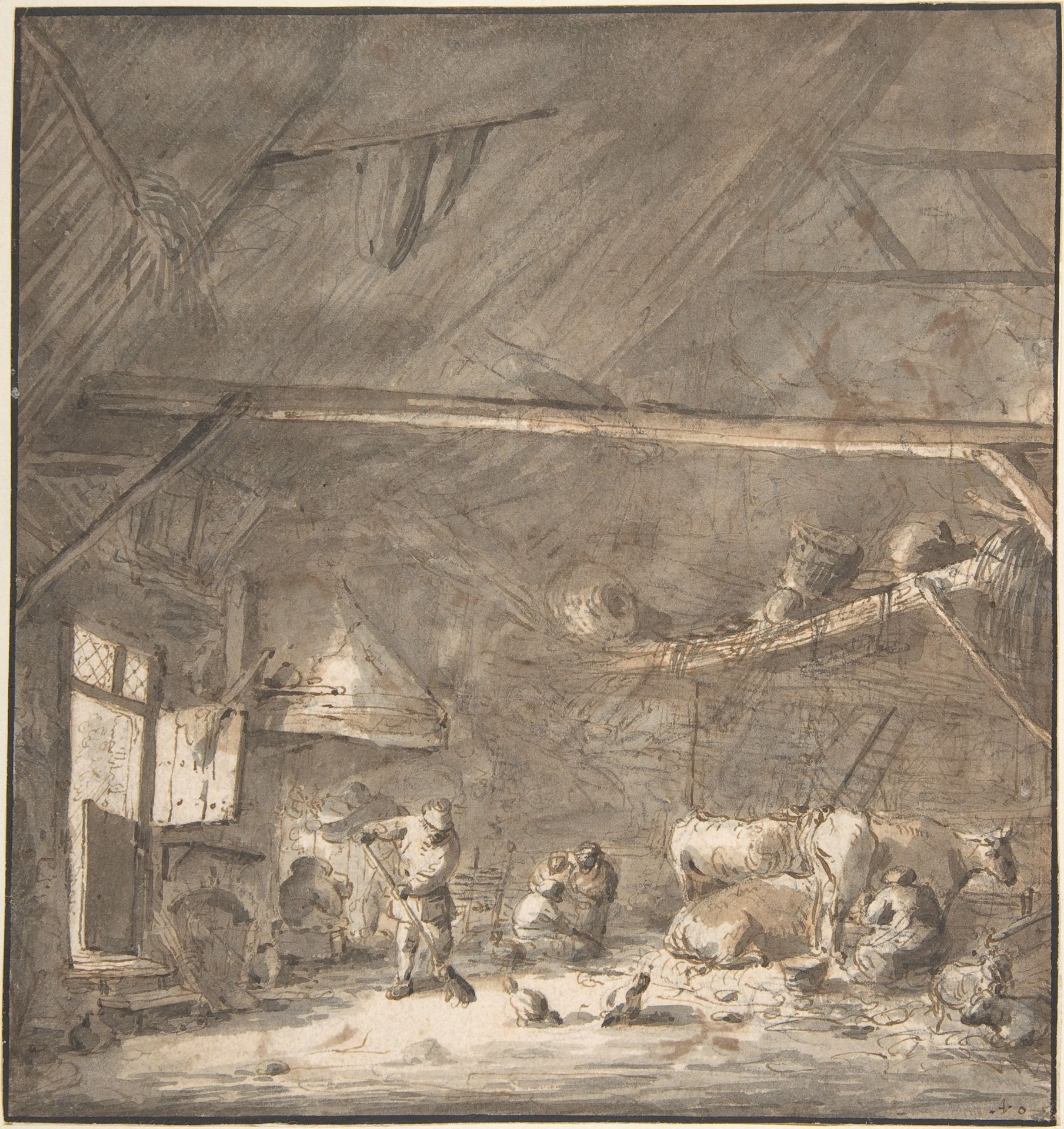 Barn Interior with Peasants and Cows
Verso: Six Studies of Peasants by Isaac van Ostade