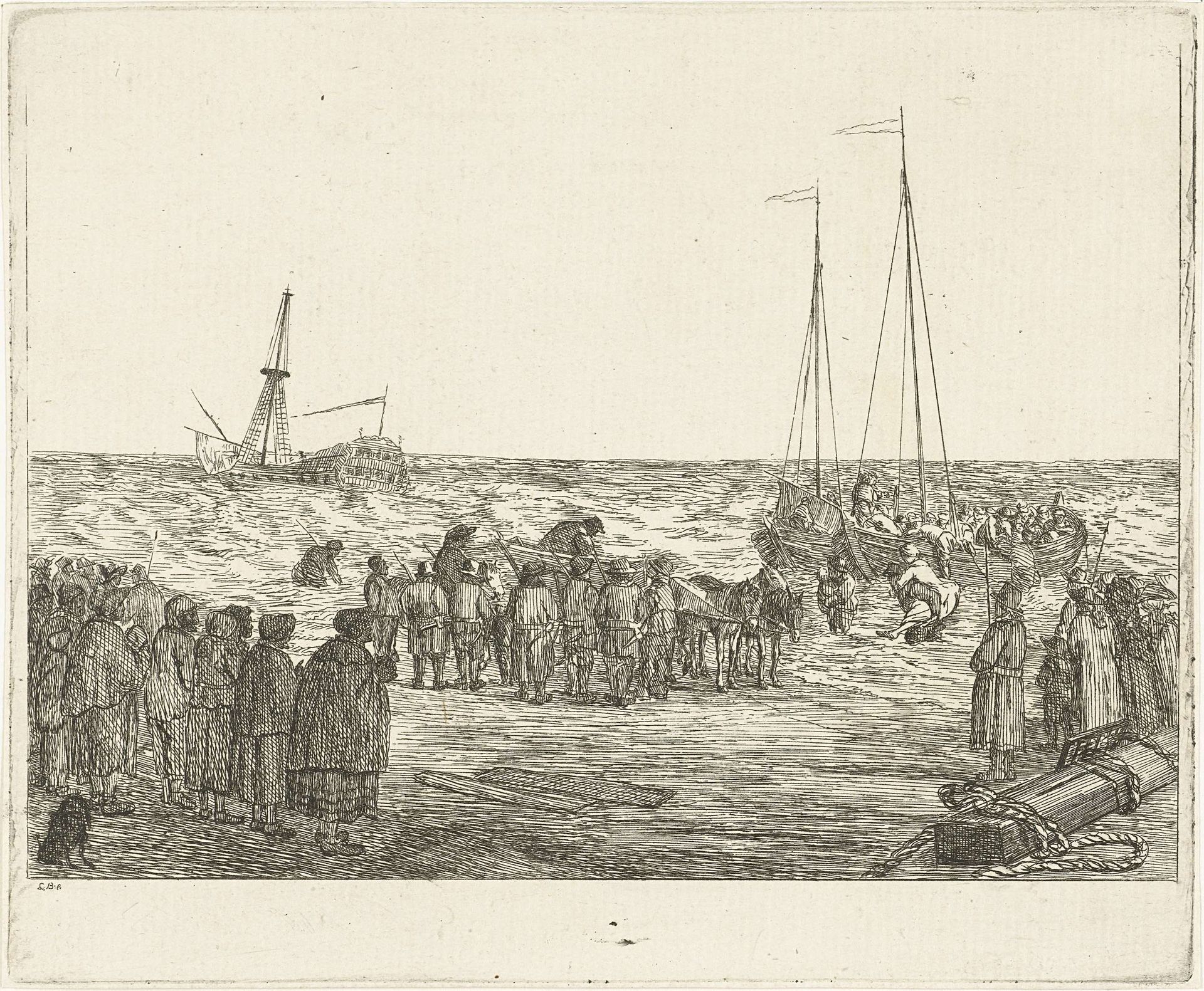 Stranding van de Britse Oost-Indiëvaarder 'Generaal Barker' bij Noordwijk, 1781 by Louis Bernard Coclers