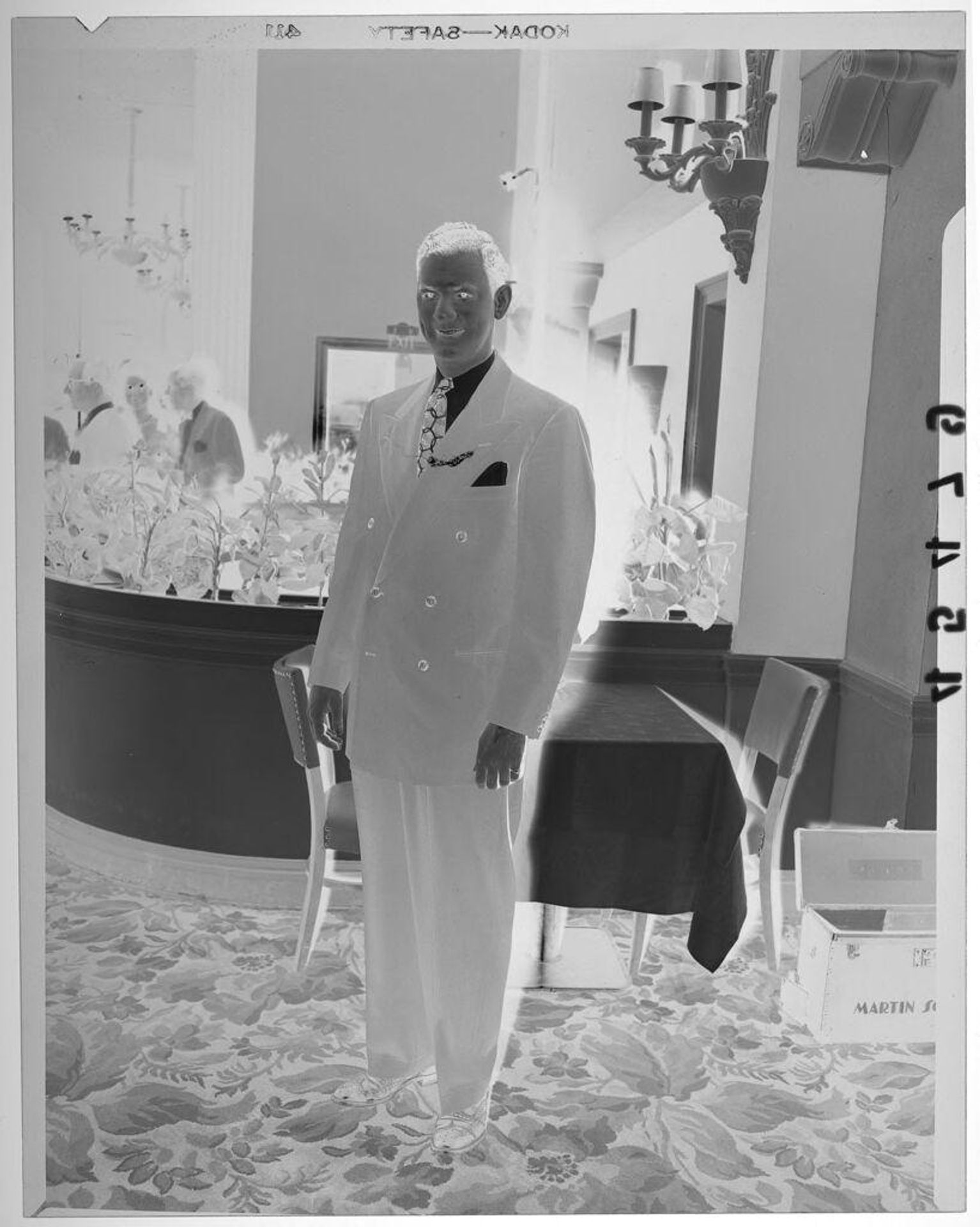 Untitled (man wearing patterned tie posing by partitions with plants at party) by Martin Schweig