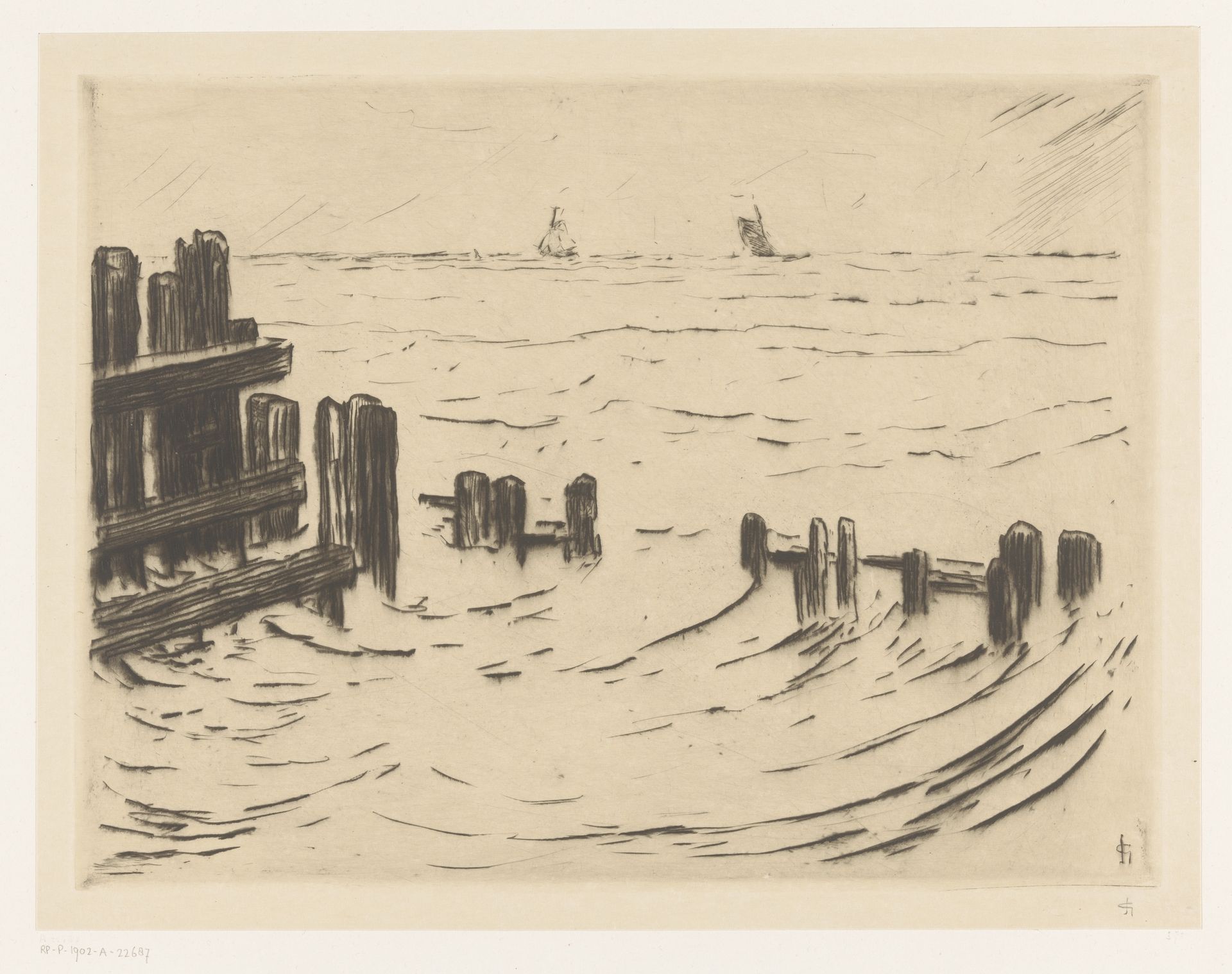 Zeegezicht met golfbrekers bij Vlissingen by Carel Nicolaas Storm van 's-Gravesande