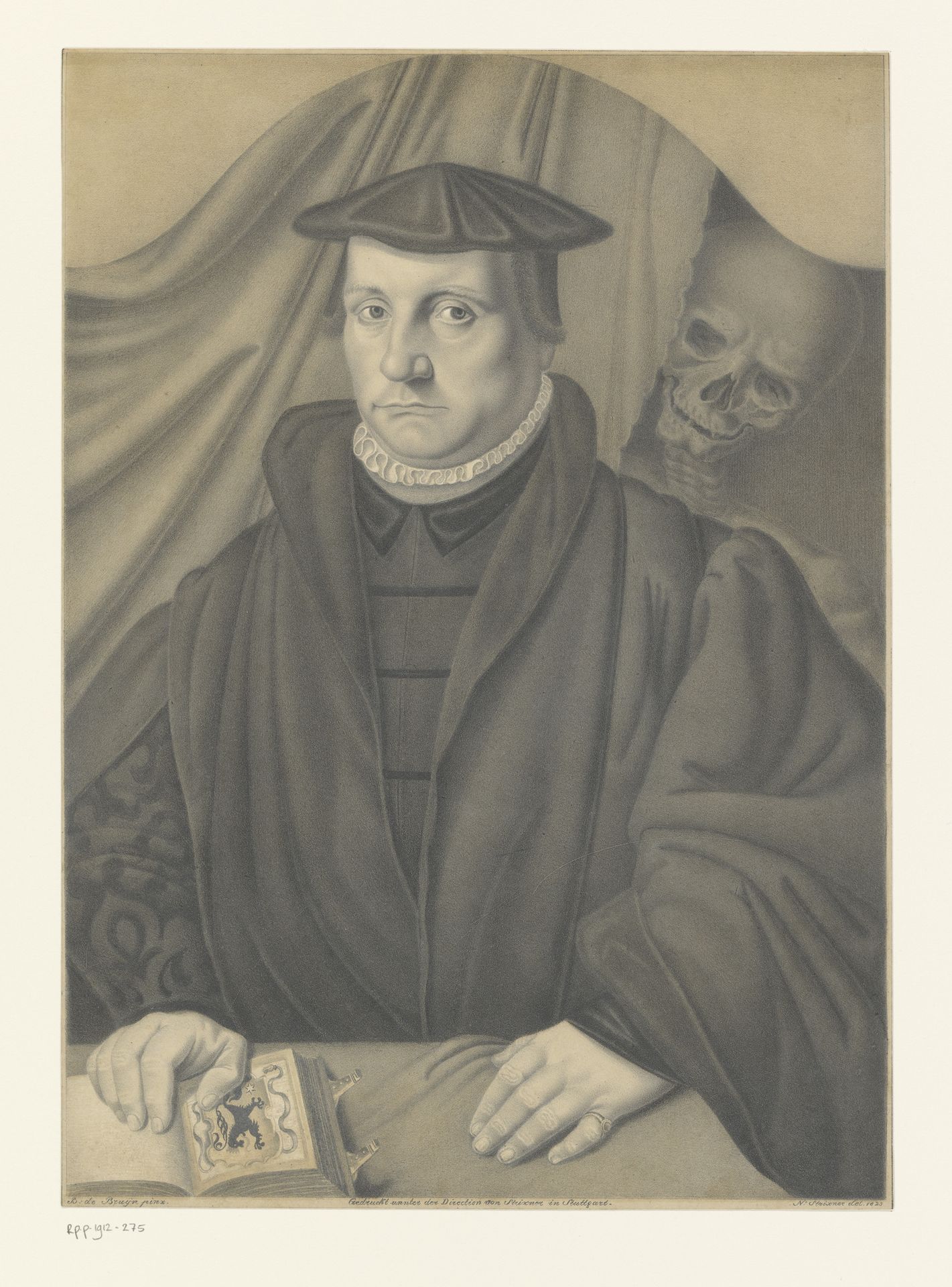 Portret van een onbekende man met skelet achter hem by Johann Nepomuk Strixner