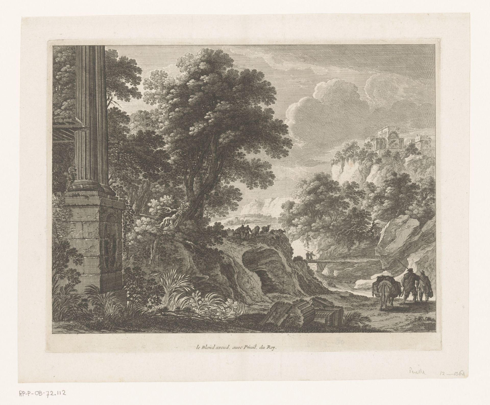 Landschap met twee zuilen, herders en reizigers by Nicolas Perelle