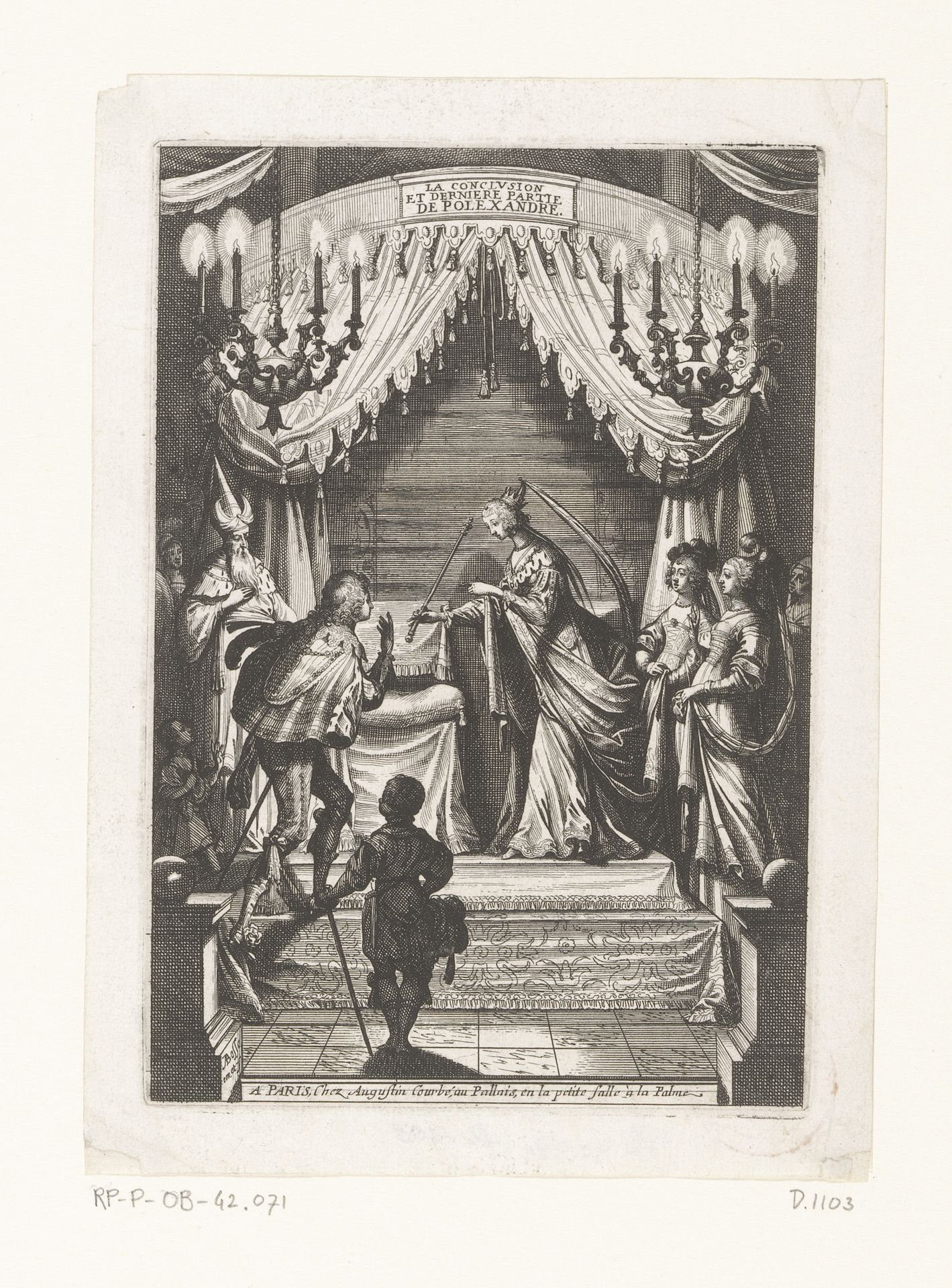 Koningin overhandigt een scepter aan Polexandre onder een baldakijn by Abraham Bosse