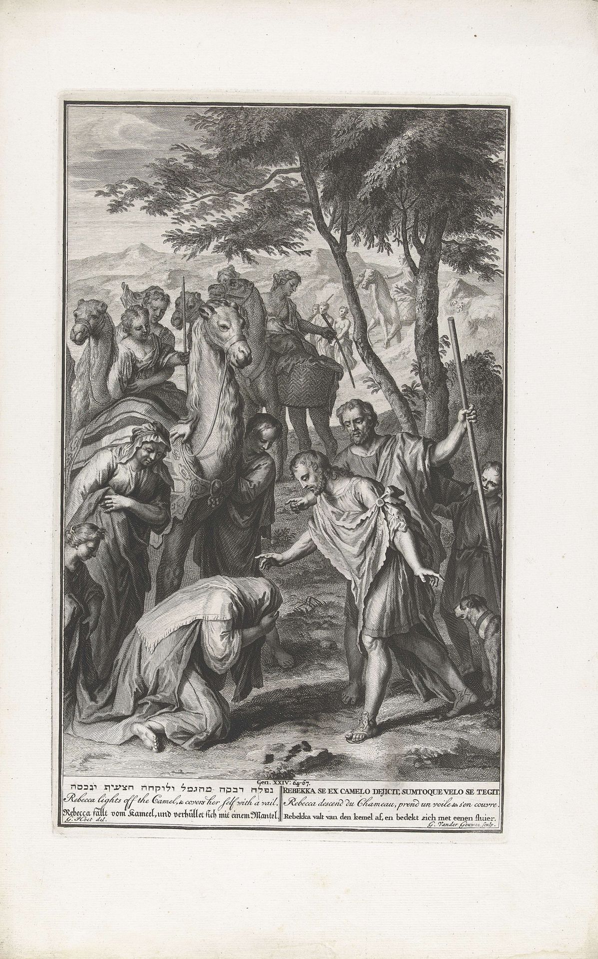 Rebekka bedekt zich met een sluier bij het zien van Isaak by Gilliam van der Gouwen