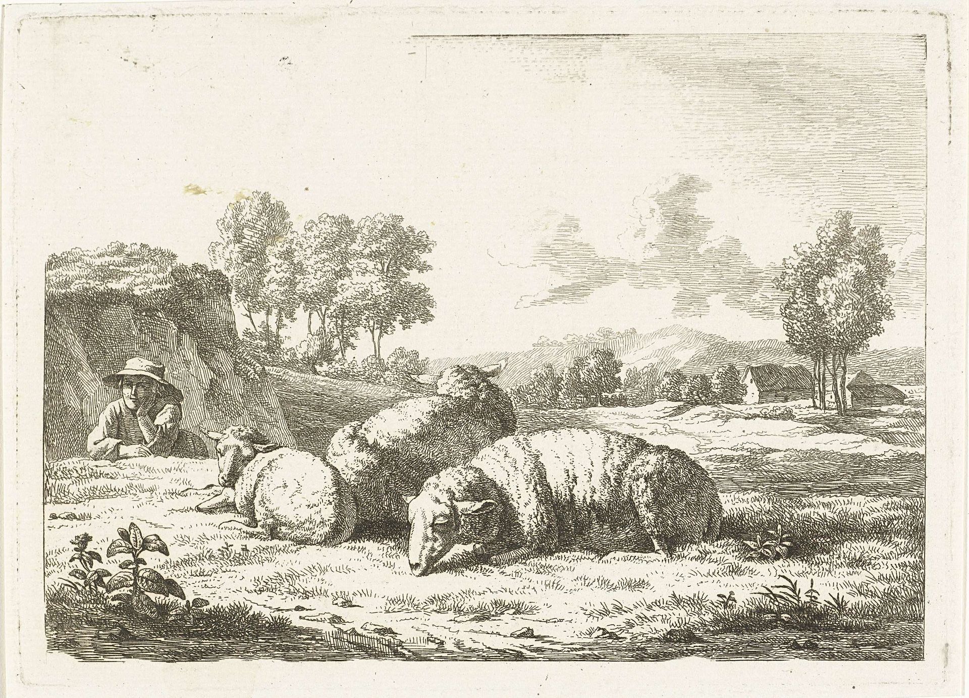 Landschap met liggende herder bij drie schapen by Frédéric Théodore Faber