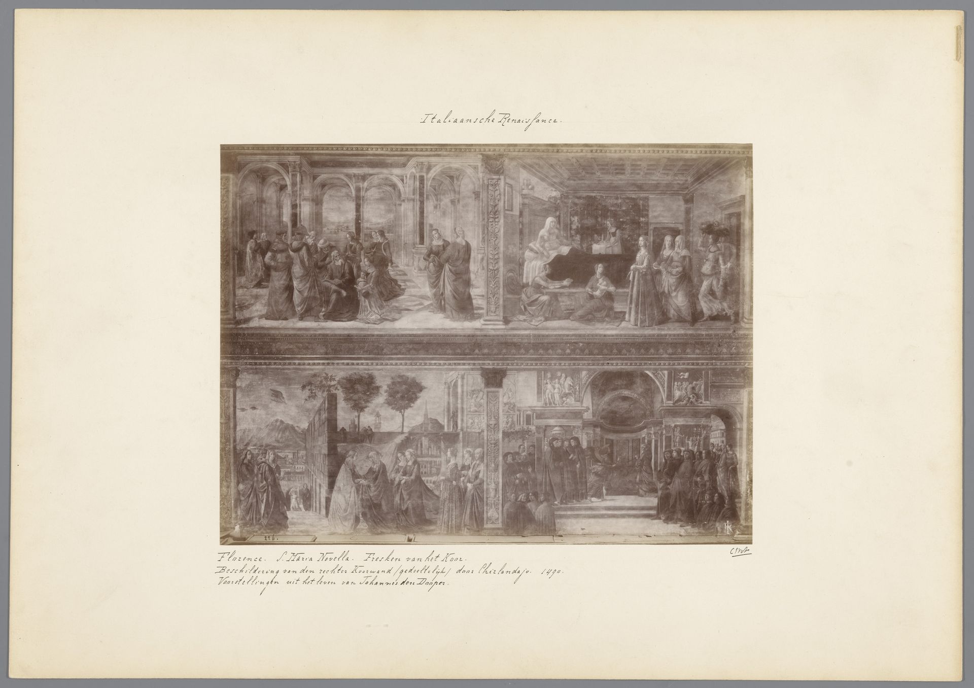 Fotoreproductie van een fresco in de Santa Maria Novella te Florence door Domenico Ghirlandaio en anderen, voorstellend passages uit het leven van Johannes de Doper by Anonymous
