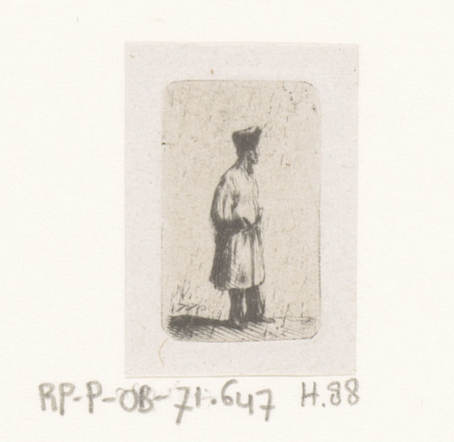 Staande man met hoge muts en armen op de rug by Jean-Pierre Norblin de la Gourdaine