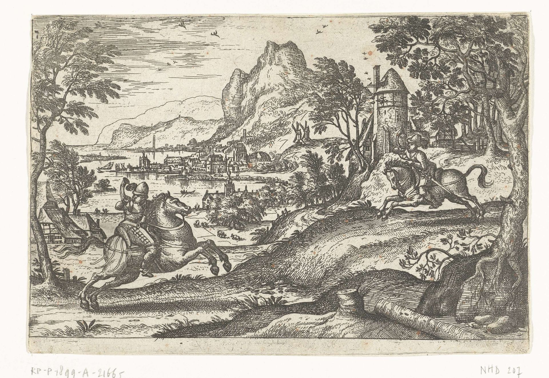 Landschap met twee ruiters. by Pieter van der (I) Borcht
