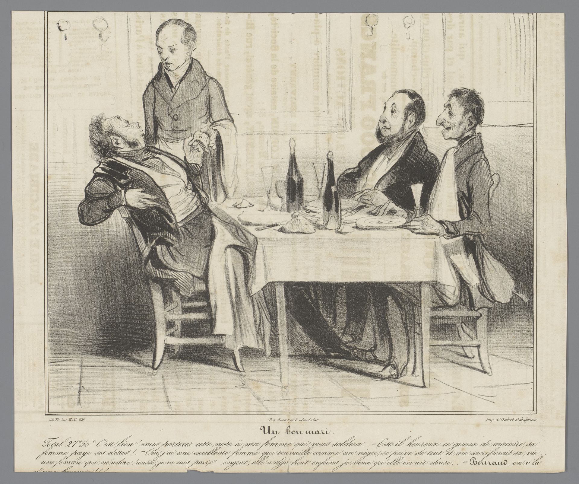 Robert Macaire wisselt woorden met de ober in een restaurant by Honoré Daumier