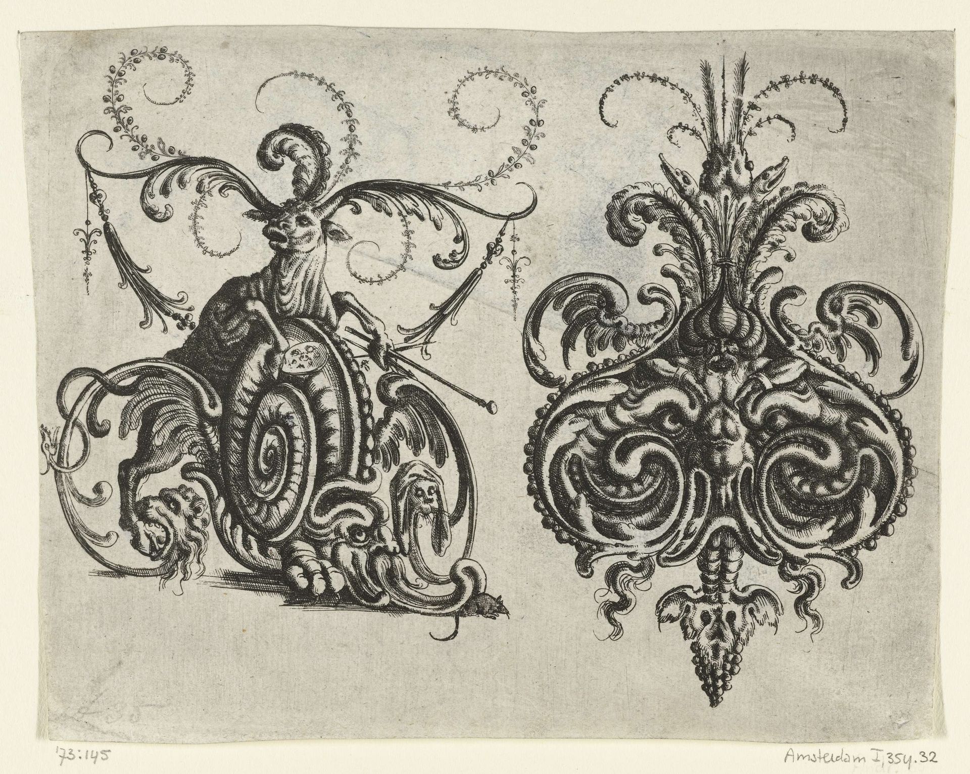 Os met horens van bladranken naast een mascaron by Christoph Jamnitzer