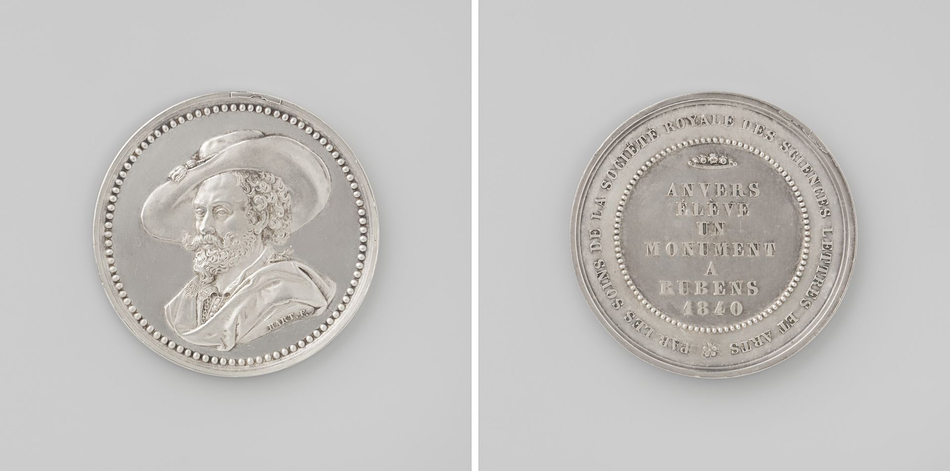 Oprichting van een standbeeld voor de schilder Pieter Paul Rubens te Antwerpen, penning geslagen op last van de Societe Royale des Sciences, Lettres et Arts te Antwerpen by Laurent Joseph Hart