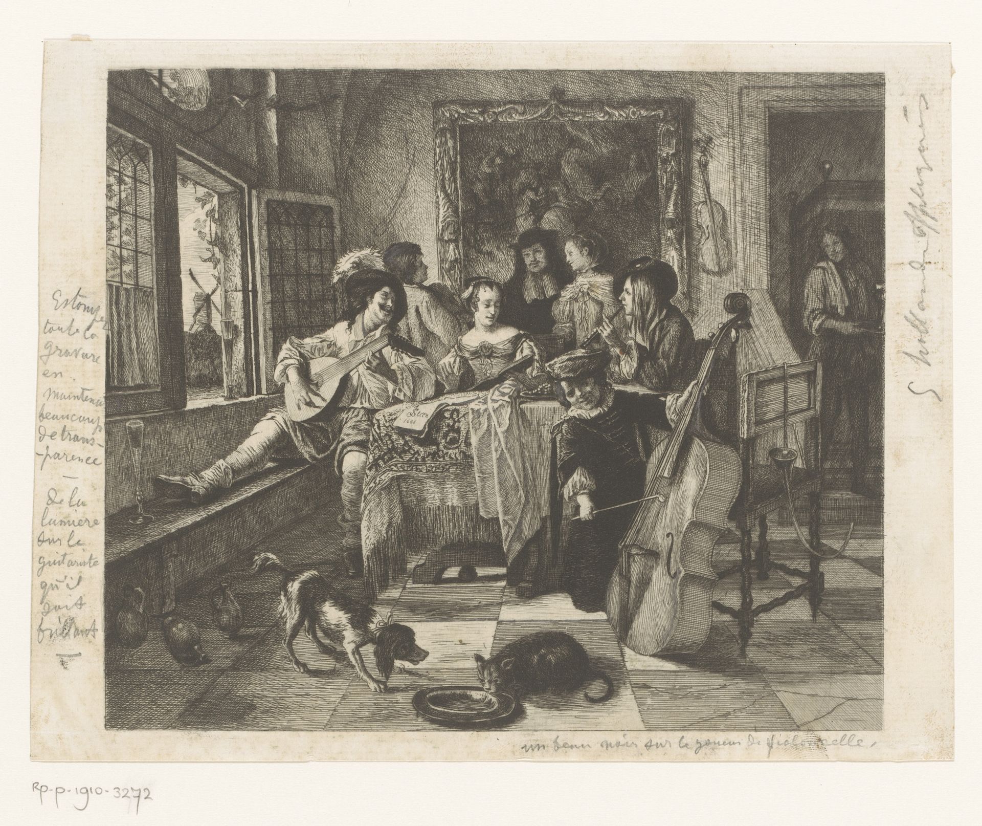 Huiskamerconcert met drie muzikanten en een zangeres by Léopold Flameng