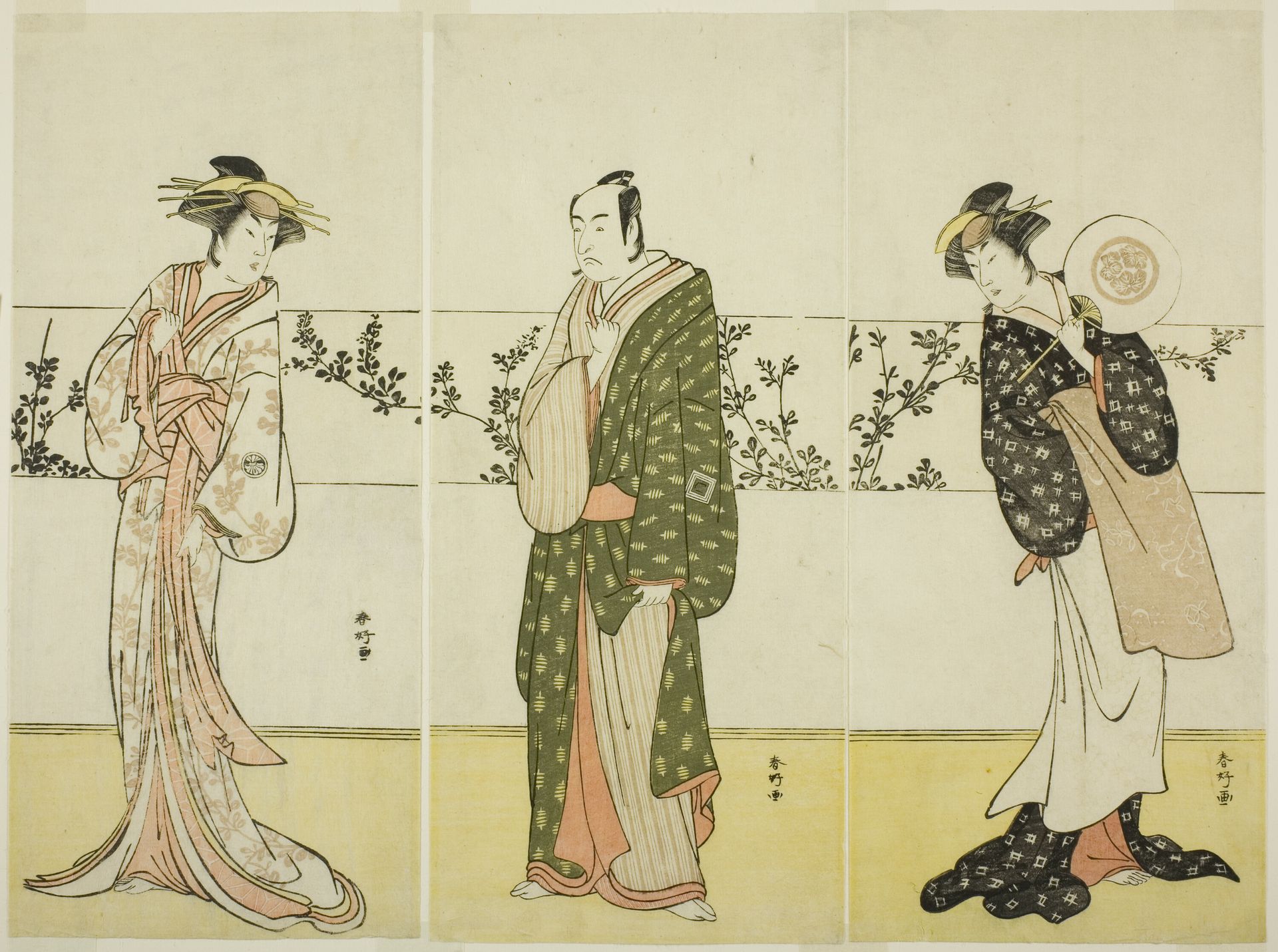 The Actors Osagawa Tsuneyo II (right), Ichikawa Monnosuke II (center), and Segawa Kikunojo III (left), Possibly as Misao Gozen, Matsuya Soshichi, and the Courtesan Kojoro of Hakata, in the Play Chiyo no Hajime Ondo no Seto (Beginnings of Eternity: The Ondo Straits in the Seto Insland Sea) (?), Performed at the Kiri Theater from the Twenty-seventh Day of te Seventh Month, 1785 by Katsukawa Shunkō