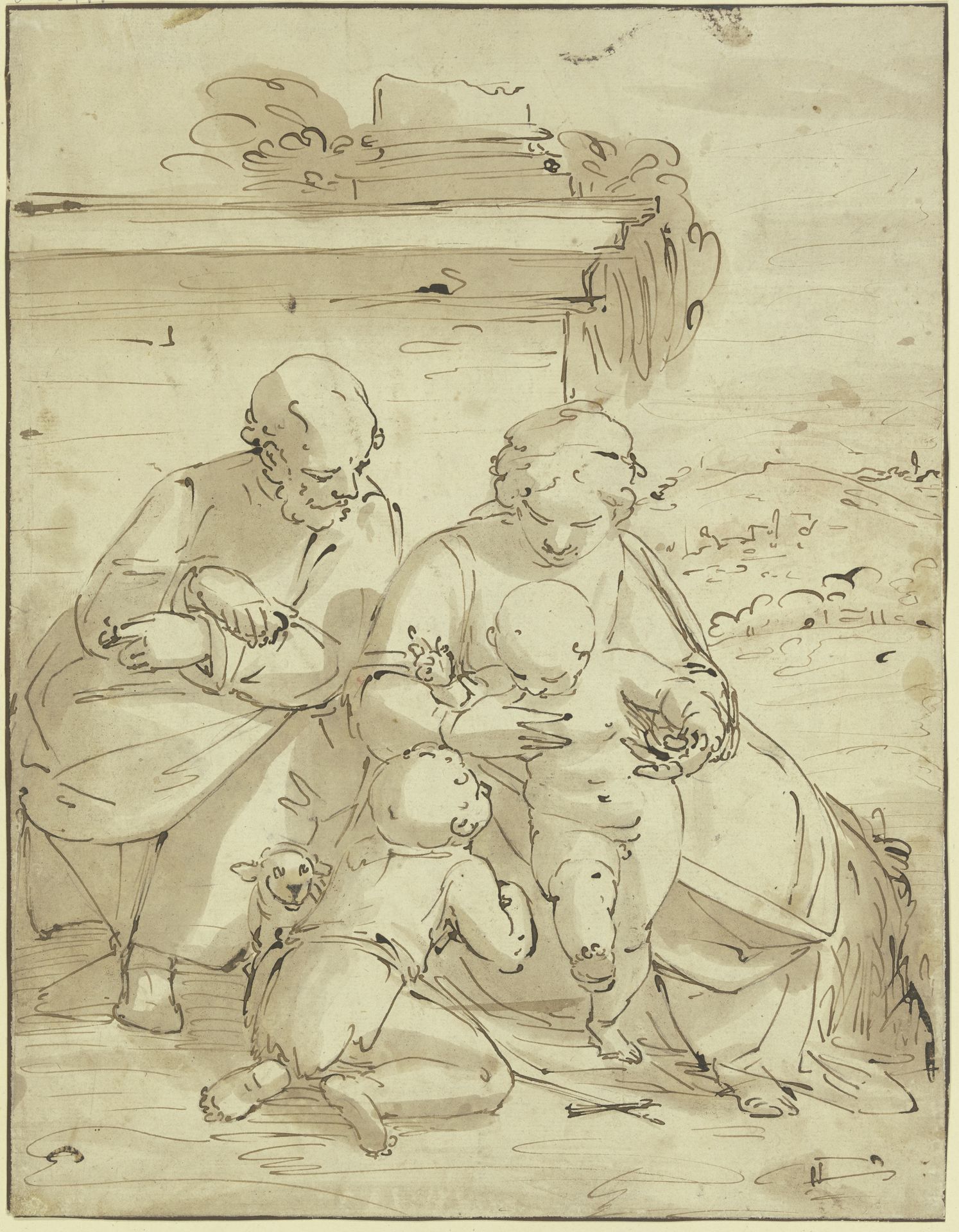 Die Heilige Familie mit dem Johannesknaben vor einer Mauer mit Säulenfuß by Luca Cambiaso