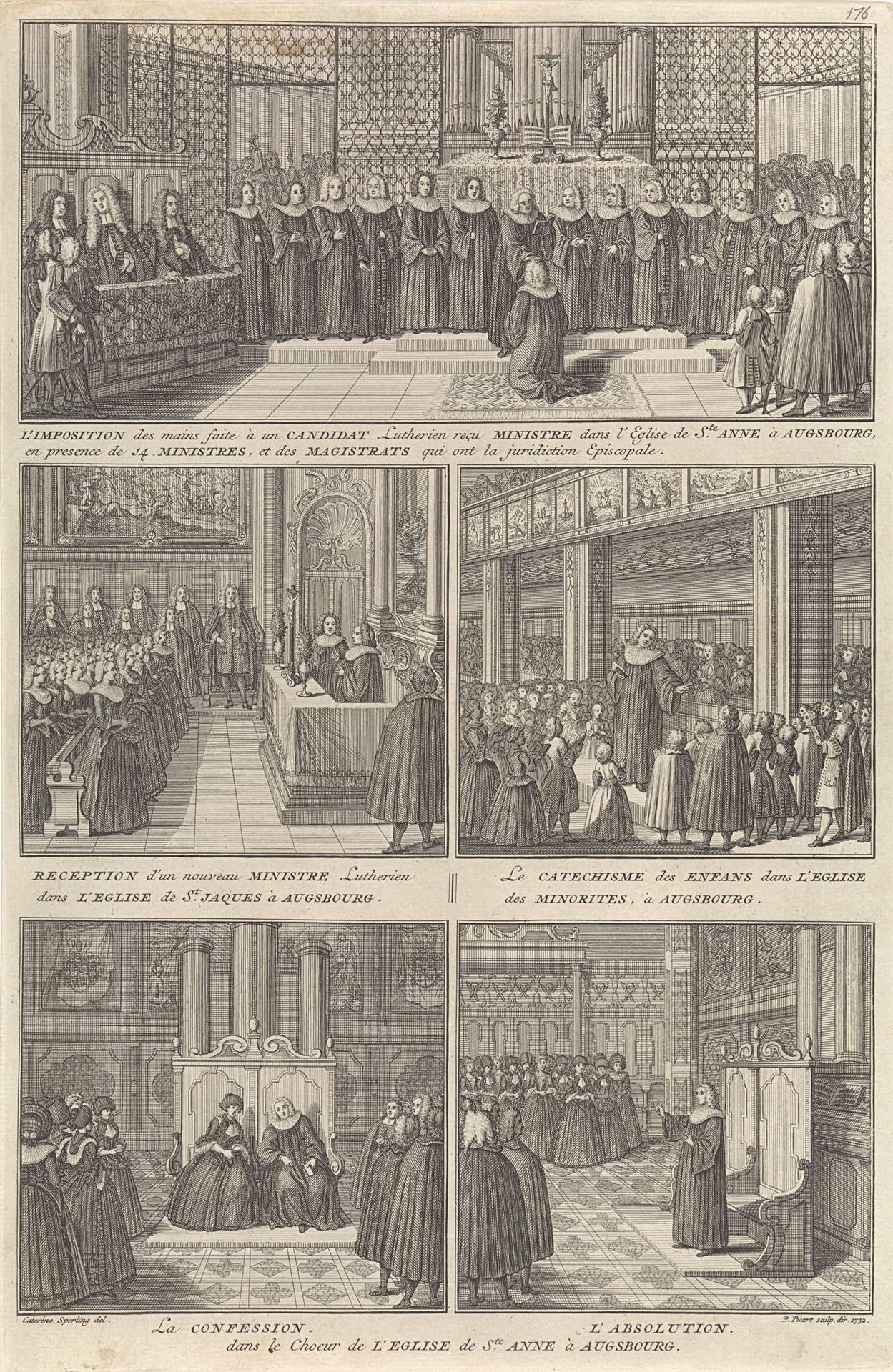 Installatie van nieuwe predikanten, catechisatie en biecht bij de lutheranen in Augsburg by Bernard Picart