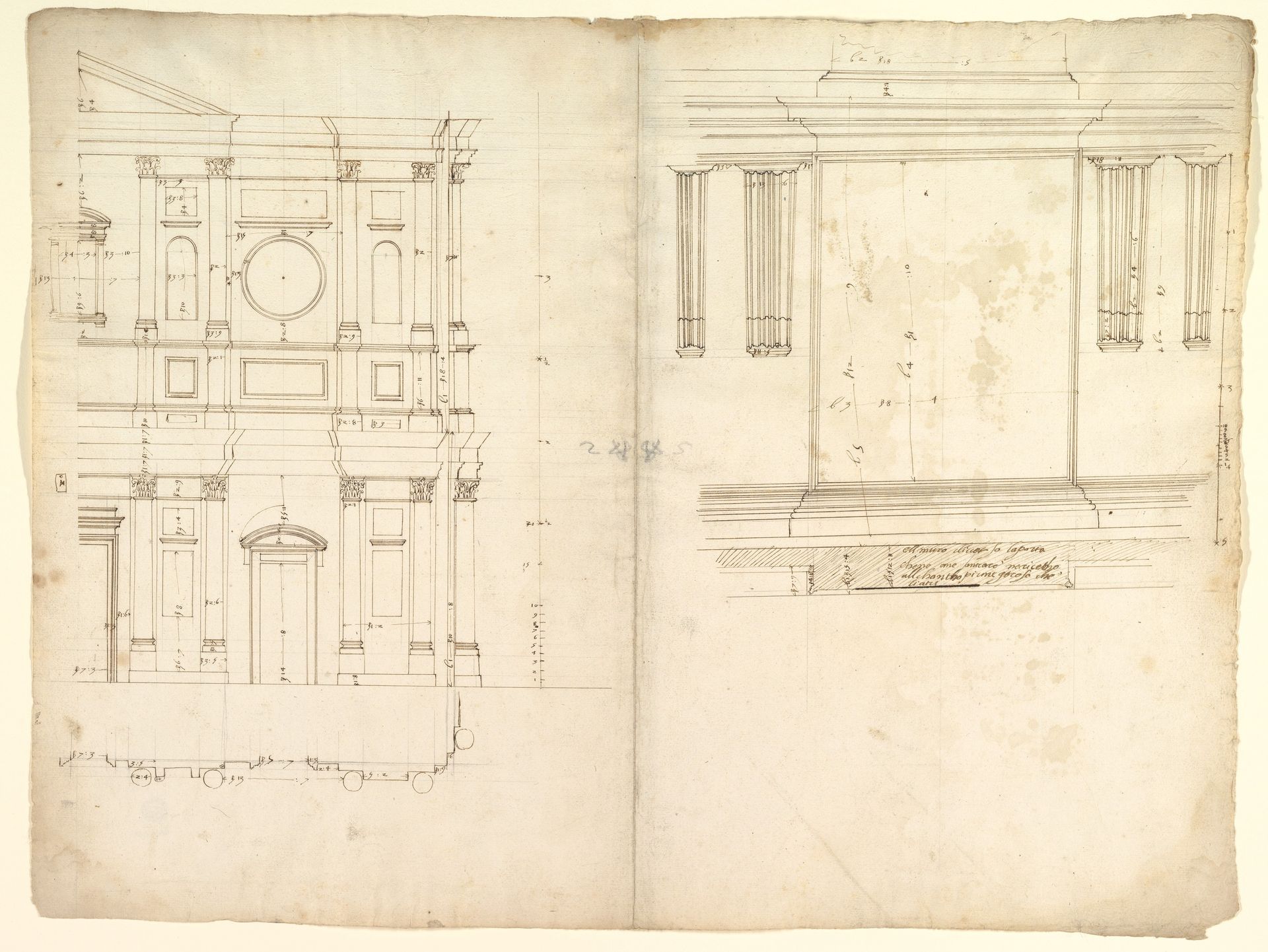 San Lorenzo, model, right half façade (left hand of folio); San Lorenzo, Library, Ricetto, consoles, elevation (right hand) (recto) blank (verso) by Anonymous