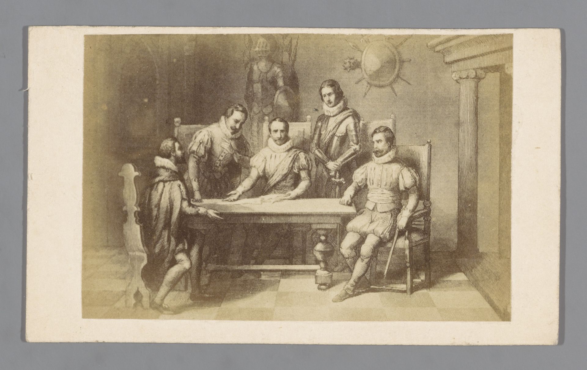 Fotoreproductie van een gravure van de bijeenkomst van Oranje, Horne, Egmond, Hoogstraten en Lodewijk van Nassau in Dendermonde op 3 oktober 1566 by Anonymous