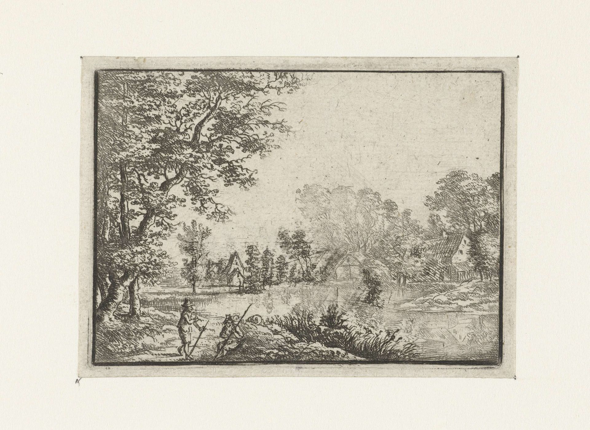 Landschap met een dorp en twee mannen by Jan Carel Immenraet