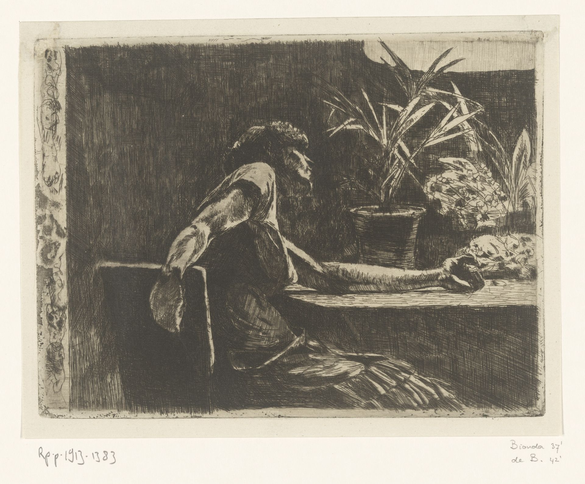 Vrouw aan een tafel met bloemen by Willem de Zwart
