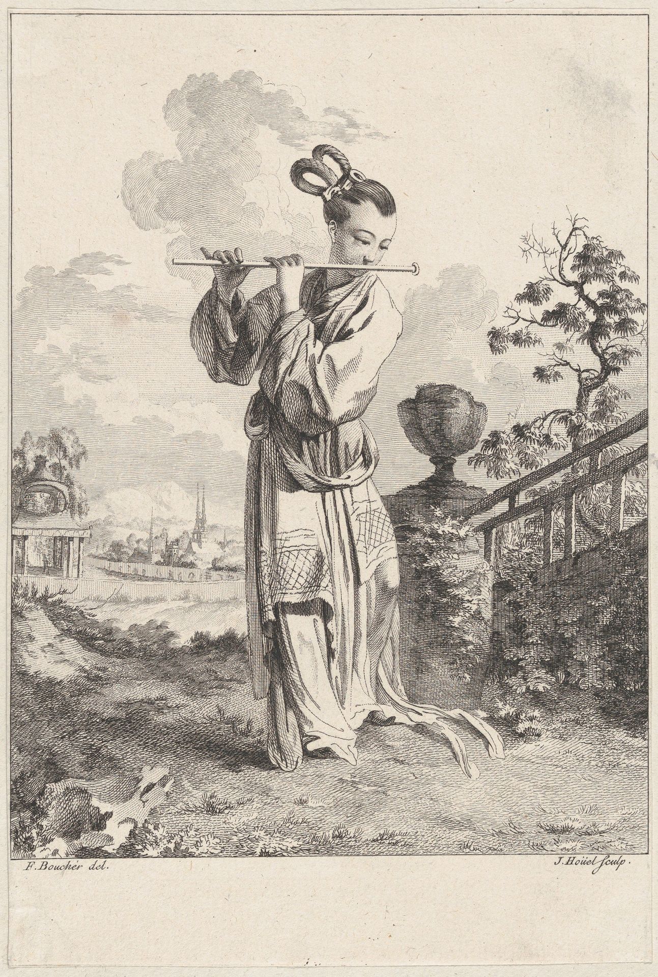 Chinoiserie with a woman playing a flute, from Suite de Figures Chinoises. . .Tiré du Cabinet de Mr. d'Azaincourt (Series of Chinoiserie Figures. . .From the Chambers of Mr. d'Azaincourt) by Jean Pierre Louis Laurent Hoüel