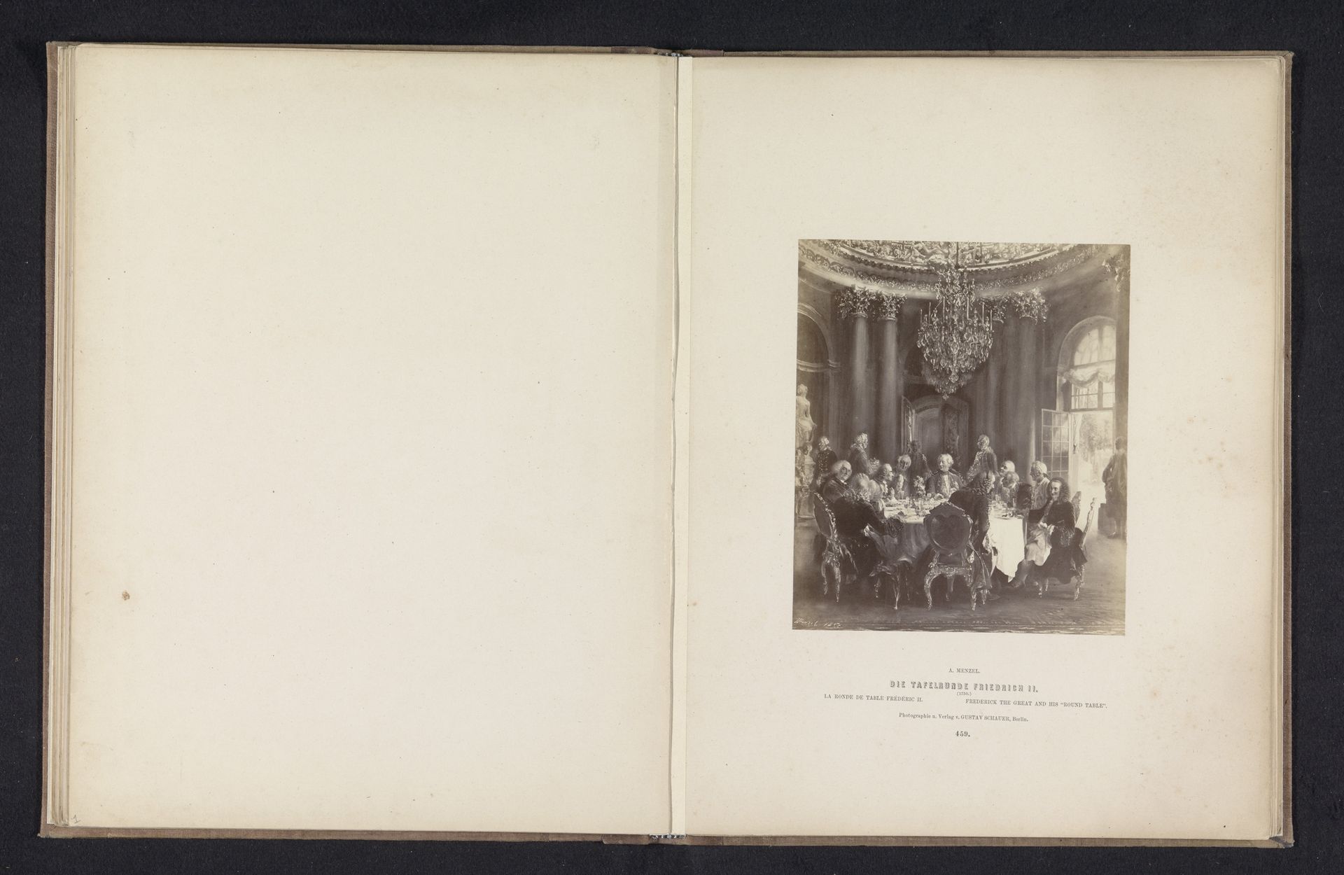 Fotoreproductie van een schilderij van Frederik de Grote aan tafel in Slot Sanssouci door Adolf Menzel by Gustav Schauer