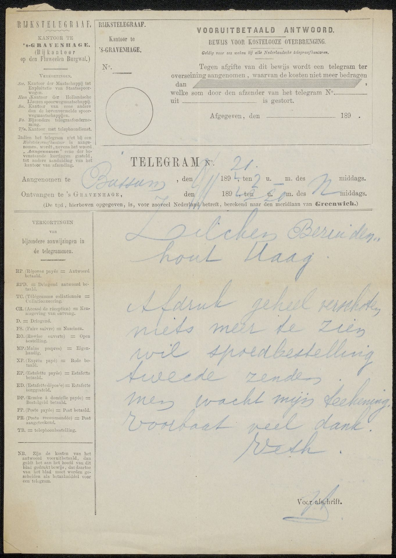 Telegram aan Philip Zilcken by Jan Veth