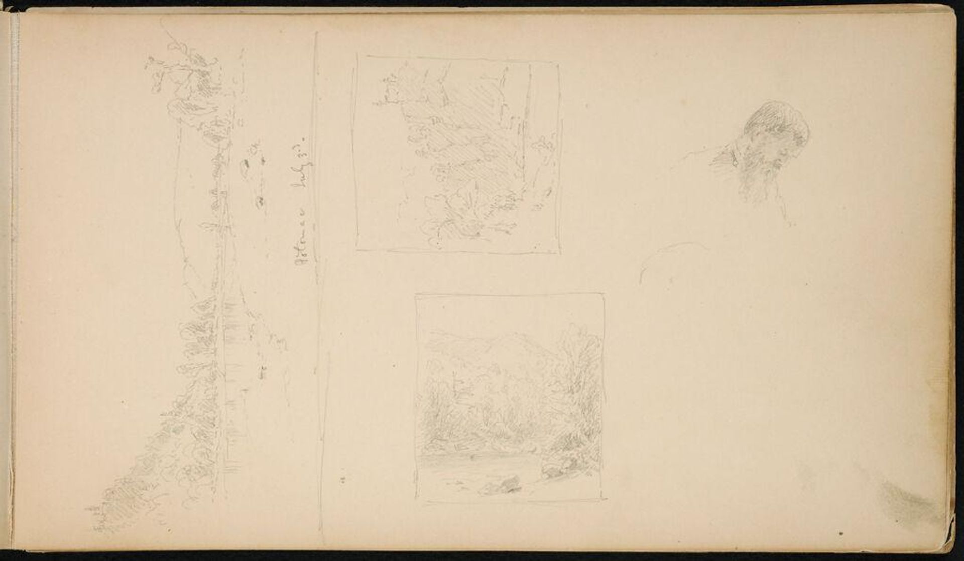 Three Small Landscapes; Male Profile Head; verso: blank page by Sanford Robinson Gifford
