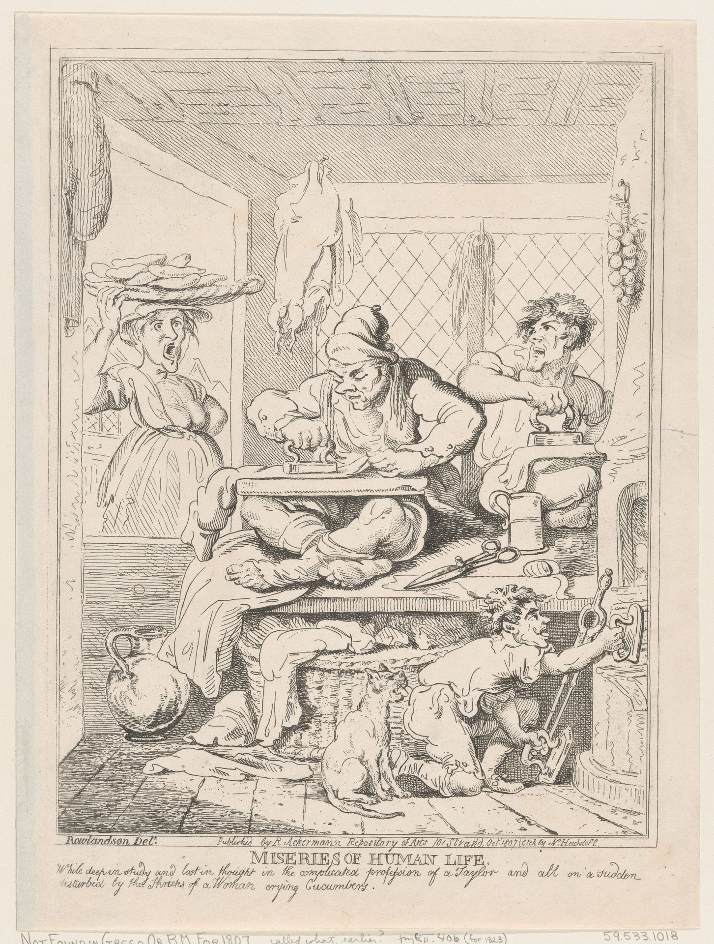Miseries of Human Life: While Deep in Study and Lost in Thought in the Complicated Profession of a Taylor and All on a Sudden Disturbed by the Shrieks of a Woman Crying Cucumbers by Nicolaus Heideloff