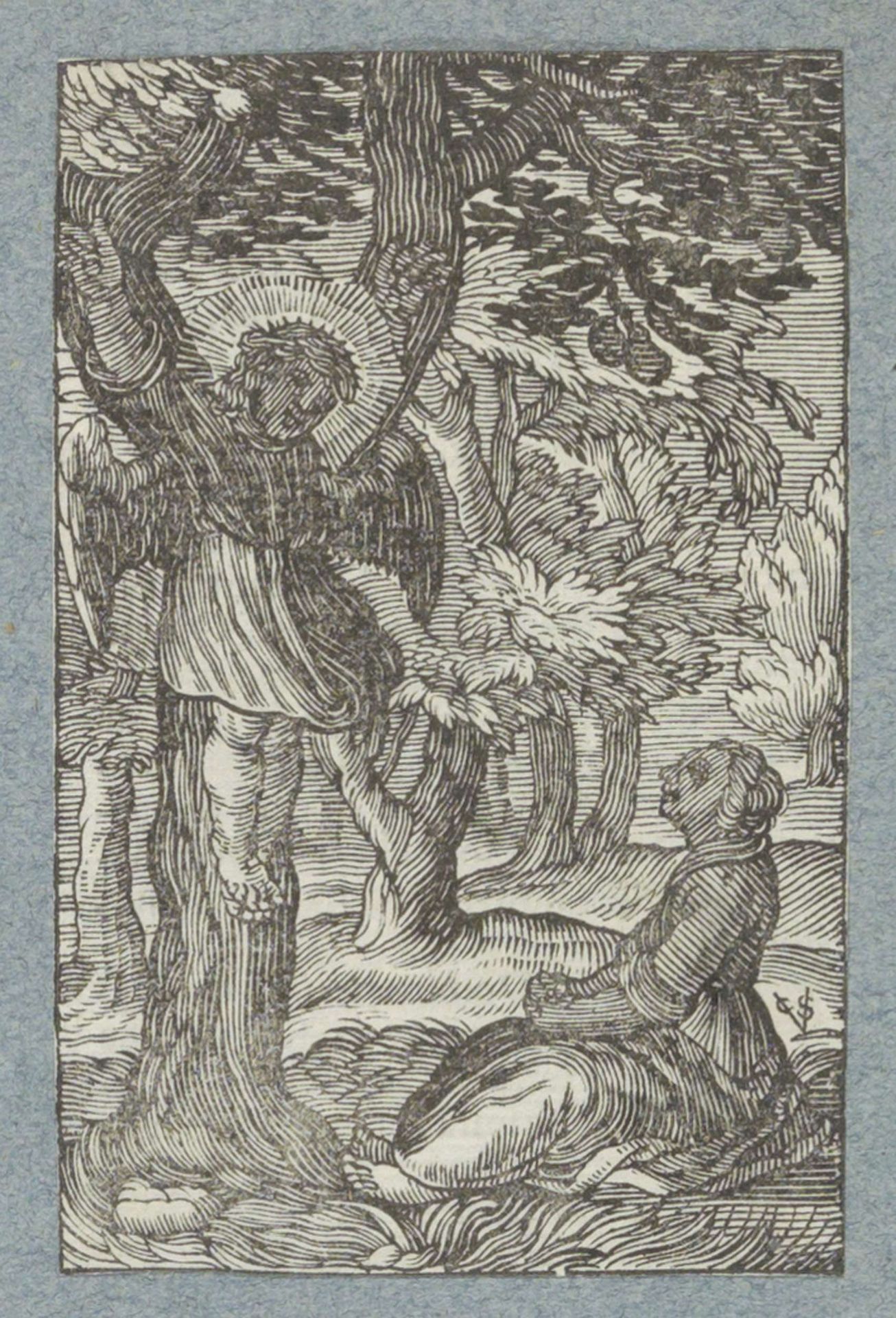 Kind bij aan boom gekruisigde engel by Christoffel van (II) Sichem