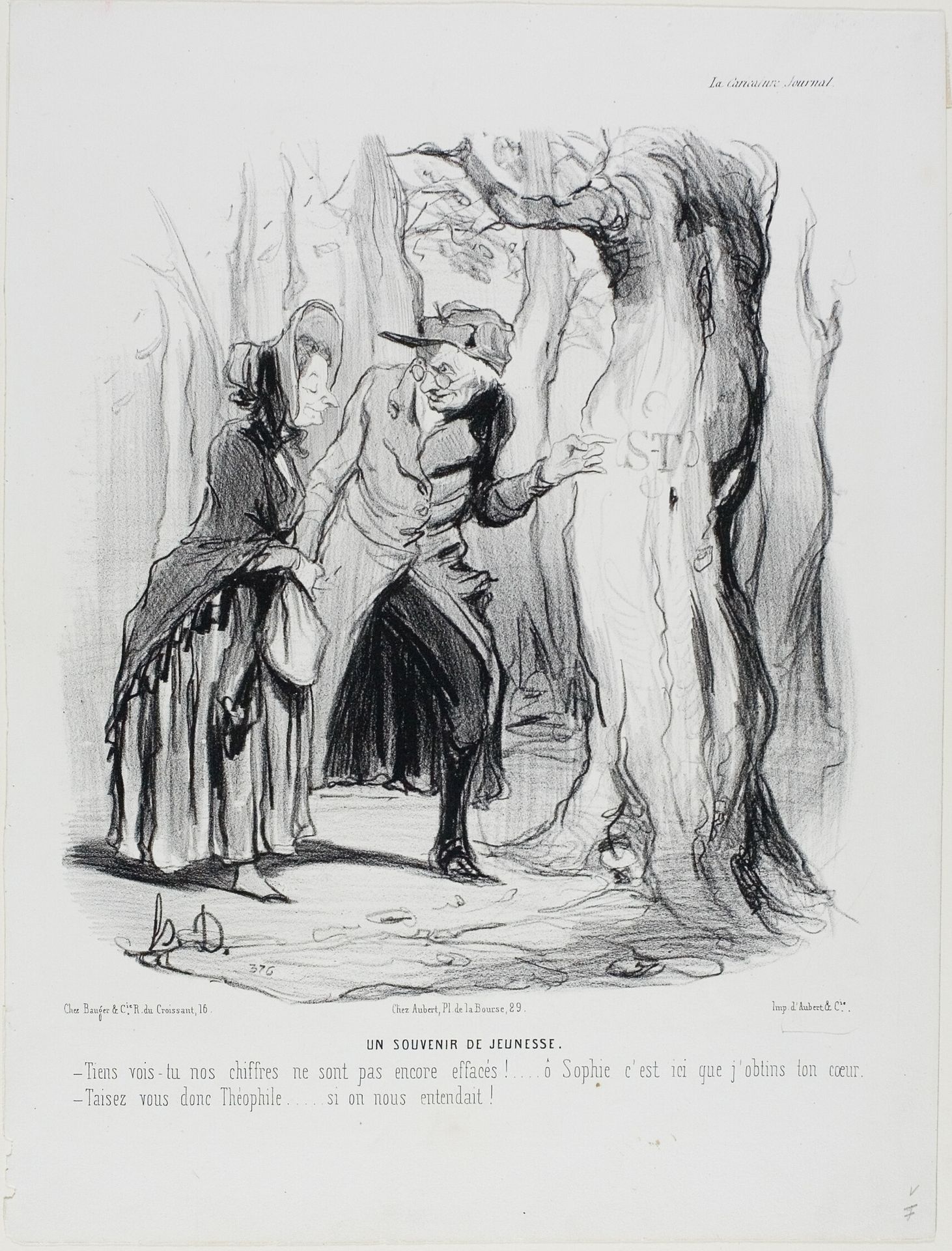 Youthful Memories. “- You see our letters have not yet been erased... oh Sophie, it was here that I gained your heart. - Hold your tongue now, Théophile.... if someone should hear us!,” plate 49 from Married Life by Honoré Daumier