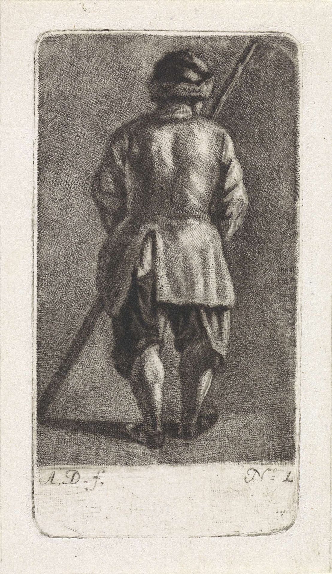 Man met stok, op de rug gezien by Abraham Delfos