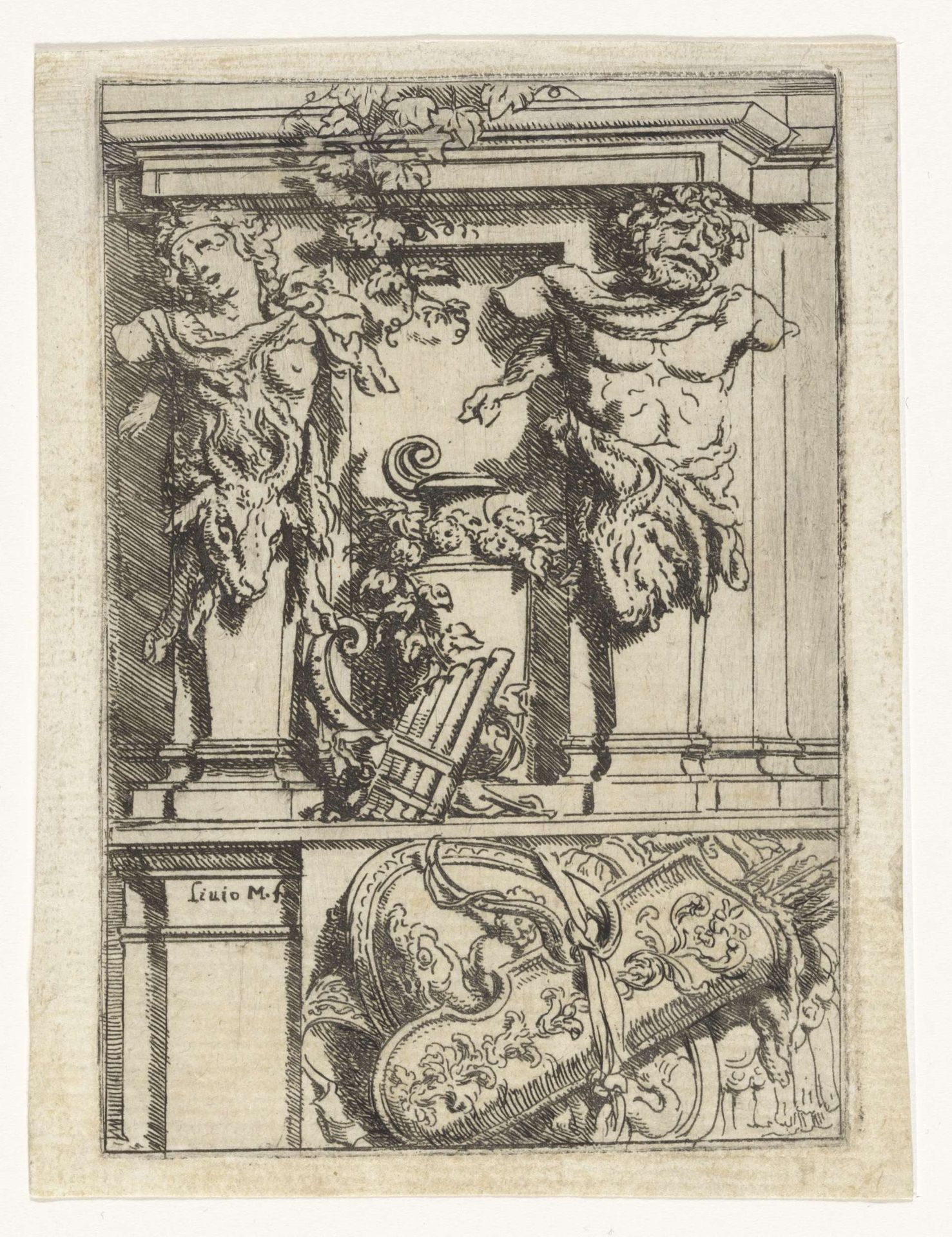 Twee kariatiden, een panfluit, een pijl en boog en een schild by Lieven Mehus