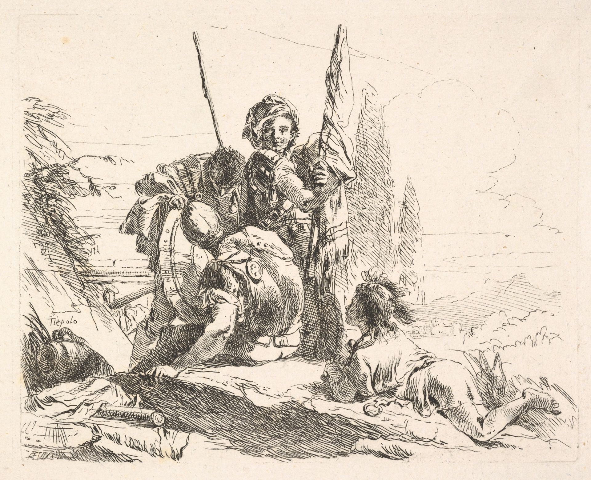Three soldiers and a youth lying on his abdomen in a landscape, the soldiers bear armor and a flag, from the series 'The Capricci' by Giovanni Battista Tiepolo