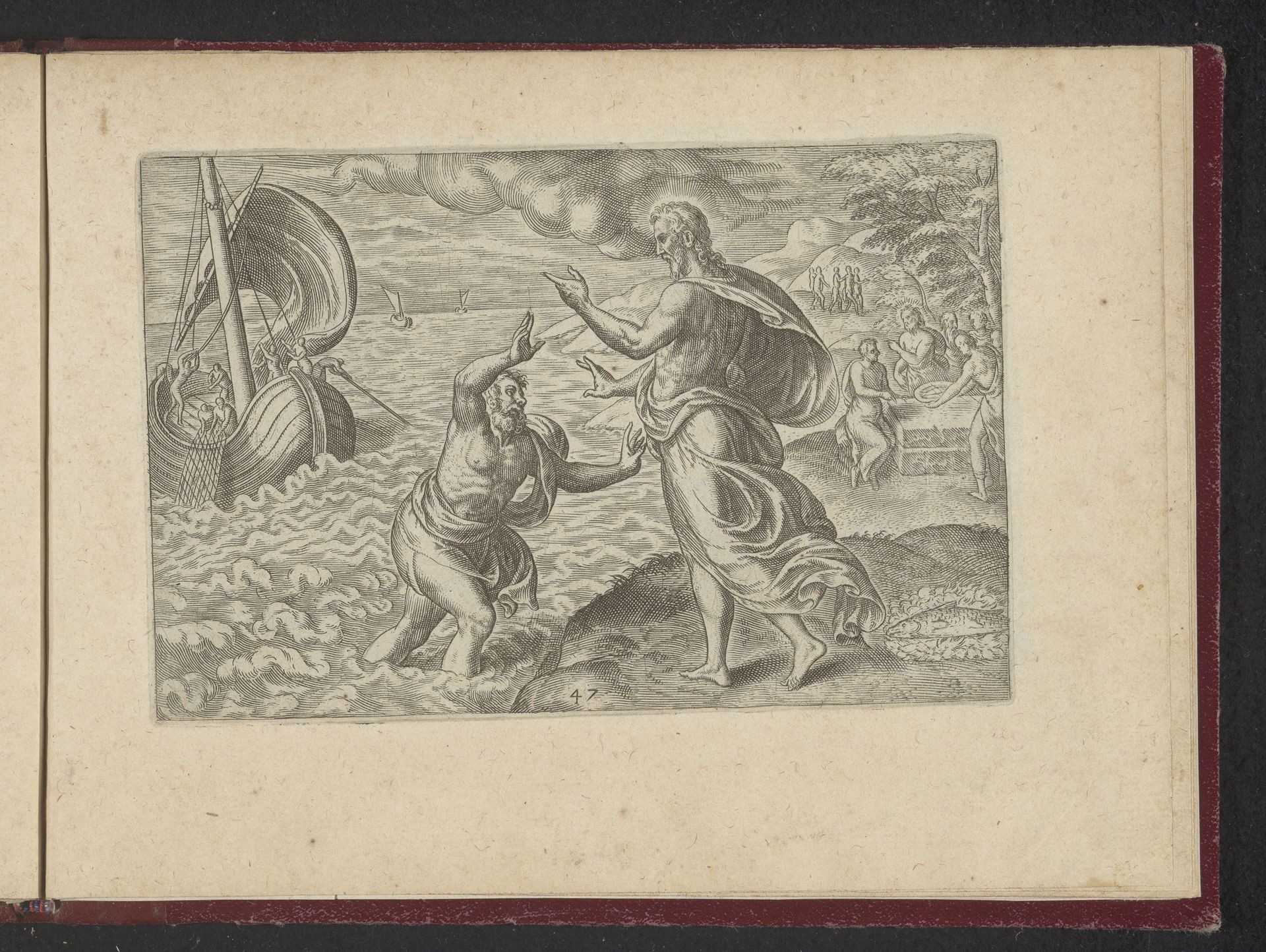 Petrus probeert over het water te lopen naar Christus by Philips Galle
