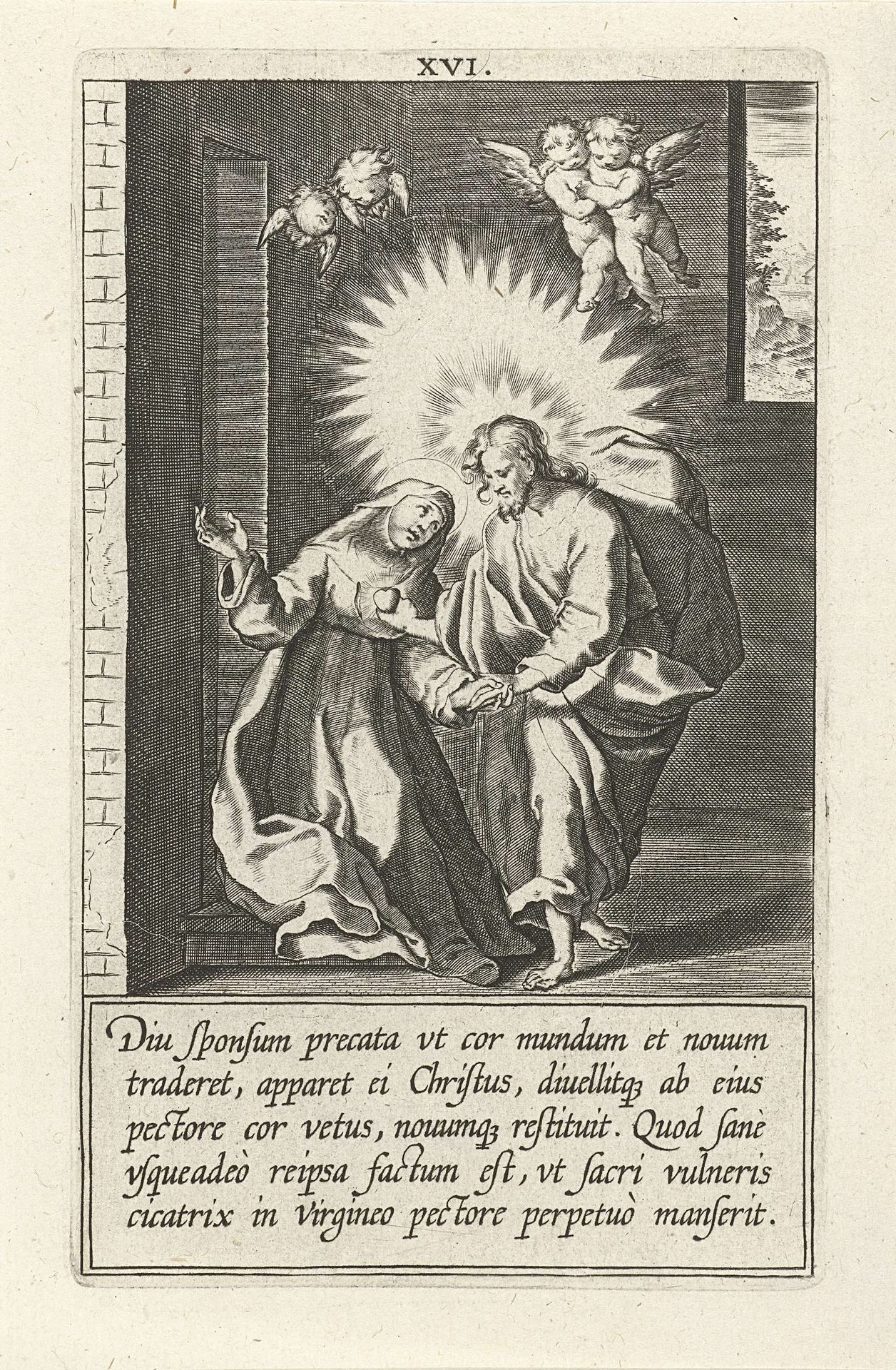 Catharina en Christus ruilen hun harten by Cornelis Galle I
