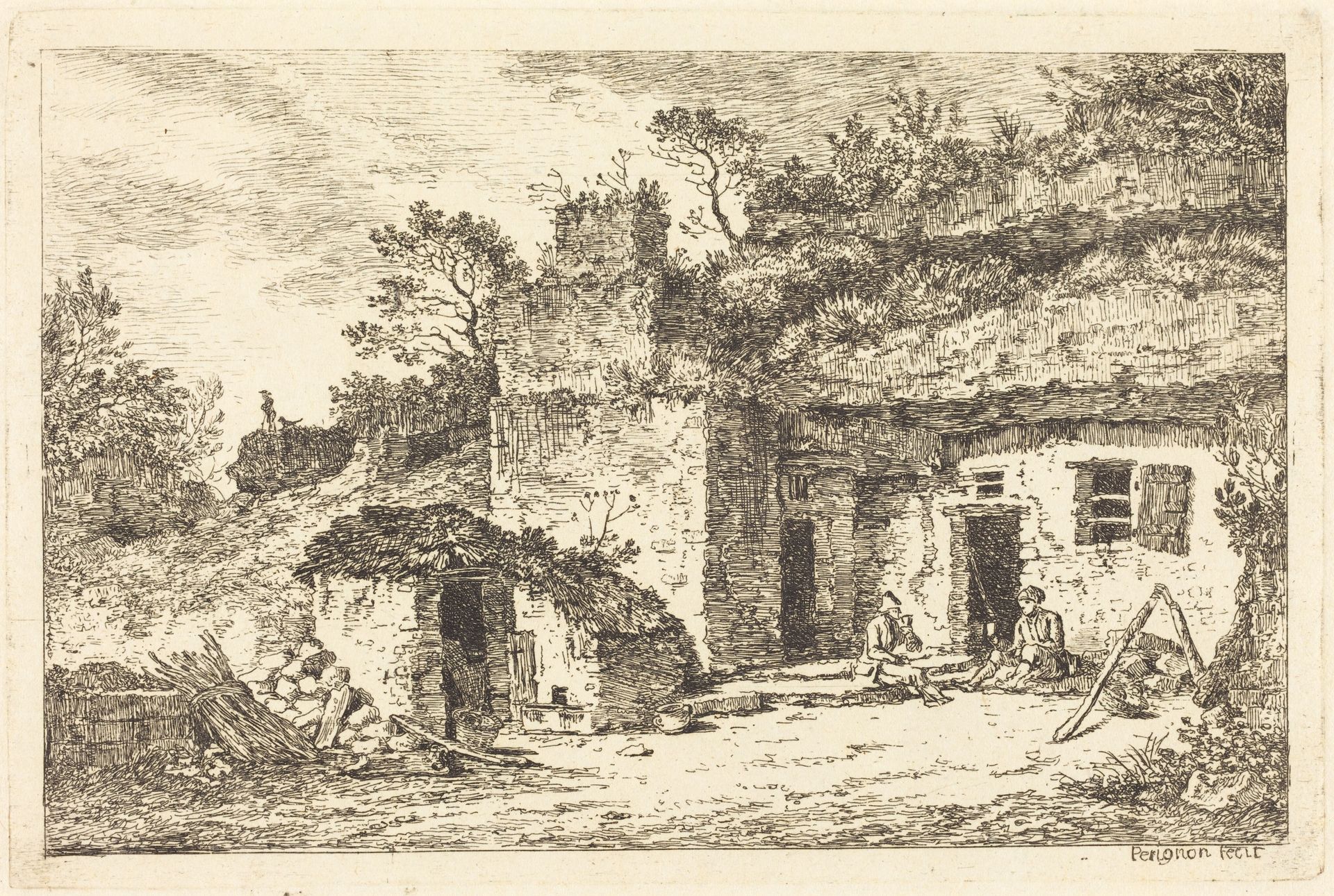 A Cottage with Two Men Seated at the Doorway by Nicolas Pérignon