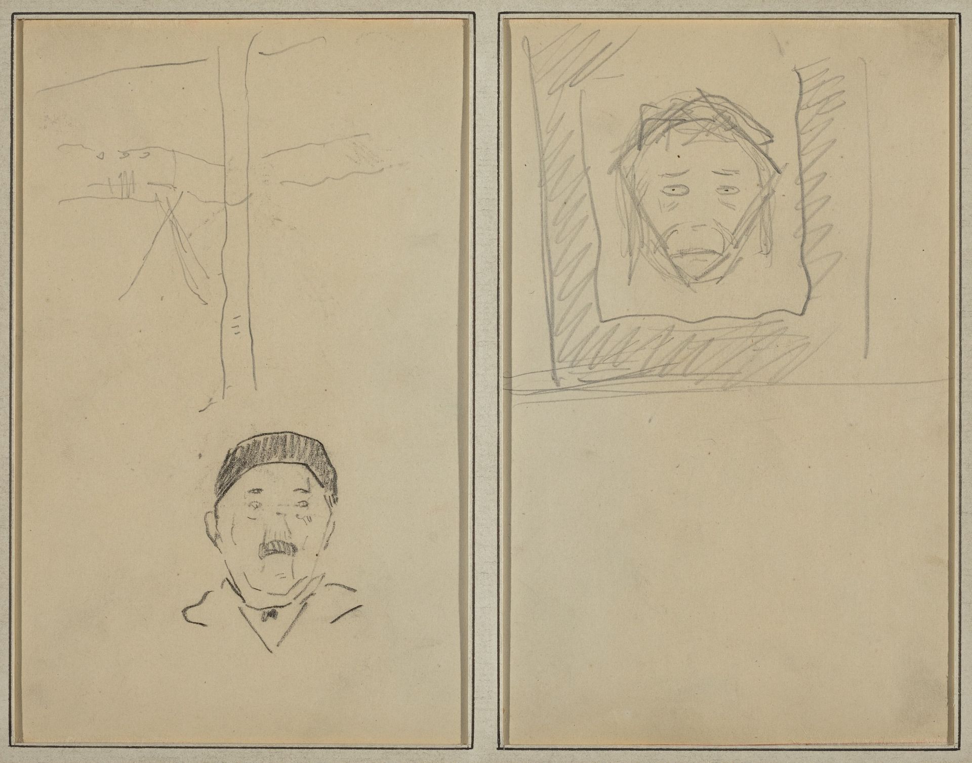 Landscape and Head of Man; Head of Monkey Inside a Square [recto] by Paul Gauguin