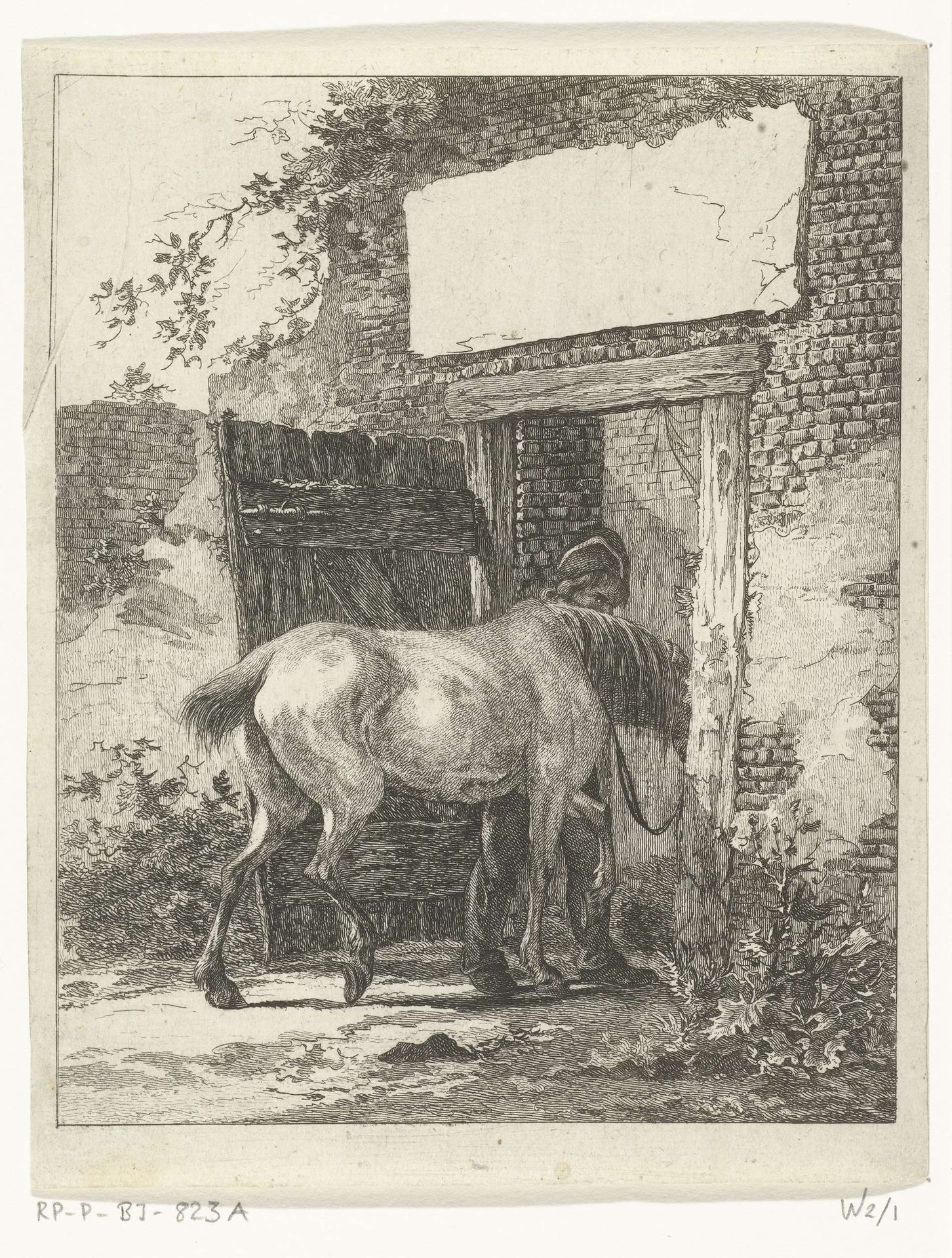 Een staljongen brengt een paard op stal by Joannes Bemme