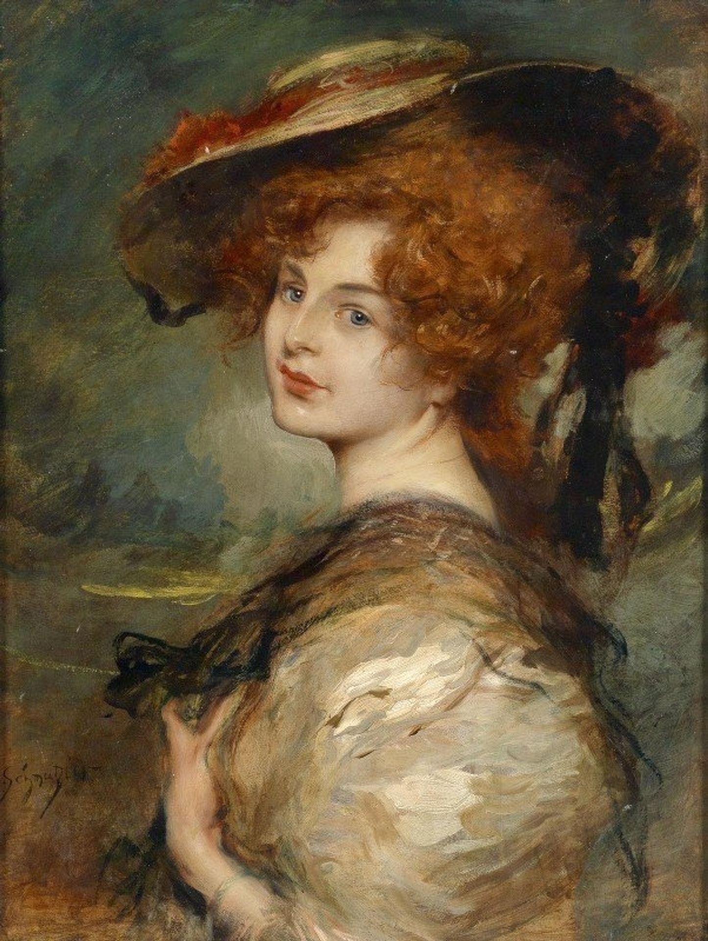 Bildnis einer Dame mit rotem Haar und Hut by Leopold Schmutzler