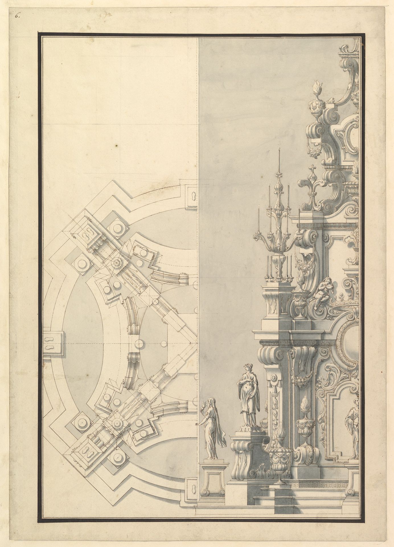 Half Ground Plan and Half Elevation for a Catafalque for Duke Francesco of Parma (1694-1727) by Giuseppe Galli Bibiena