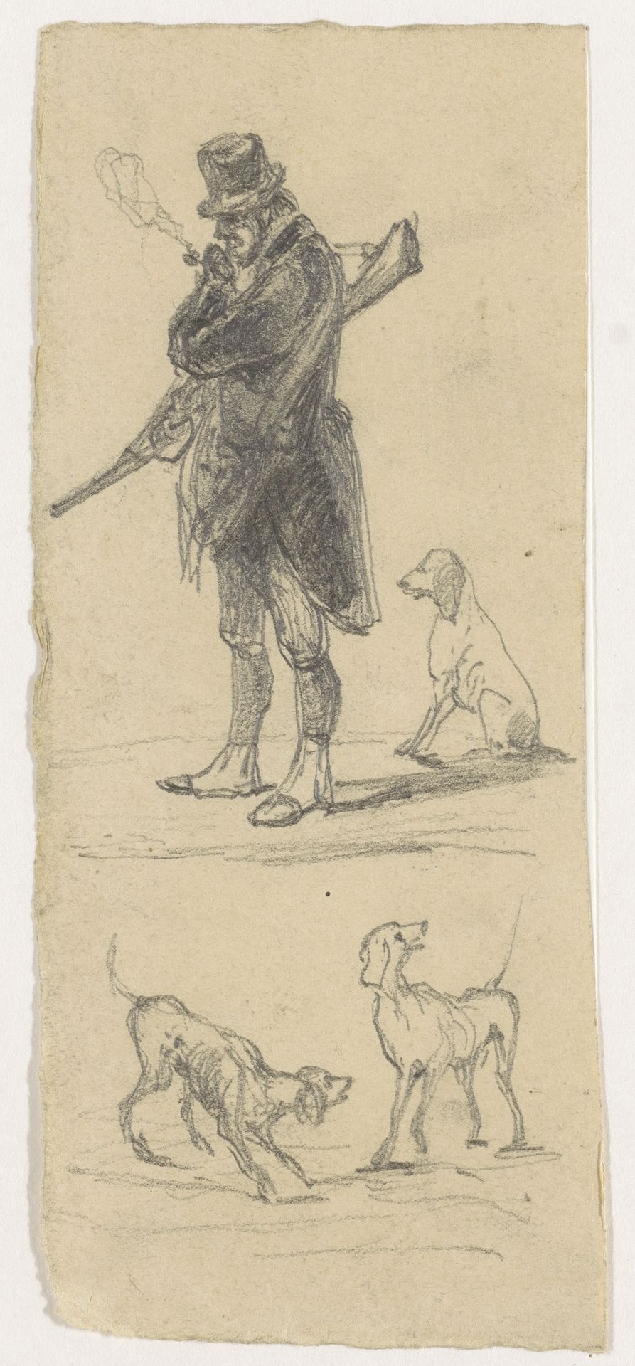 Rokende jager met honden by Johannes Tavenraat